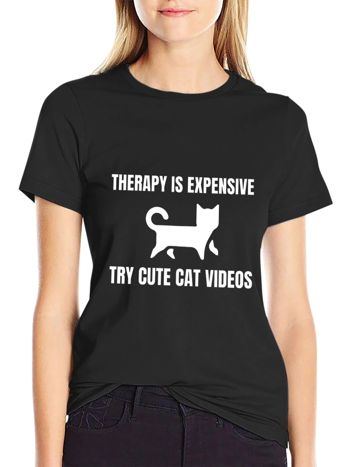 Black Cute Cat Videos Therapy T-Shirt view 2
