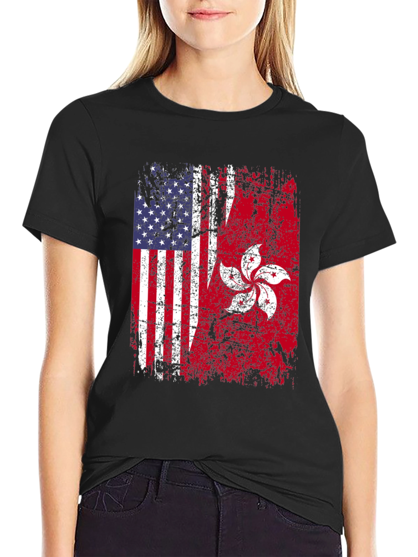 Black USA Hong Kong Flag Graphic Tee view 2