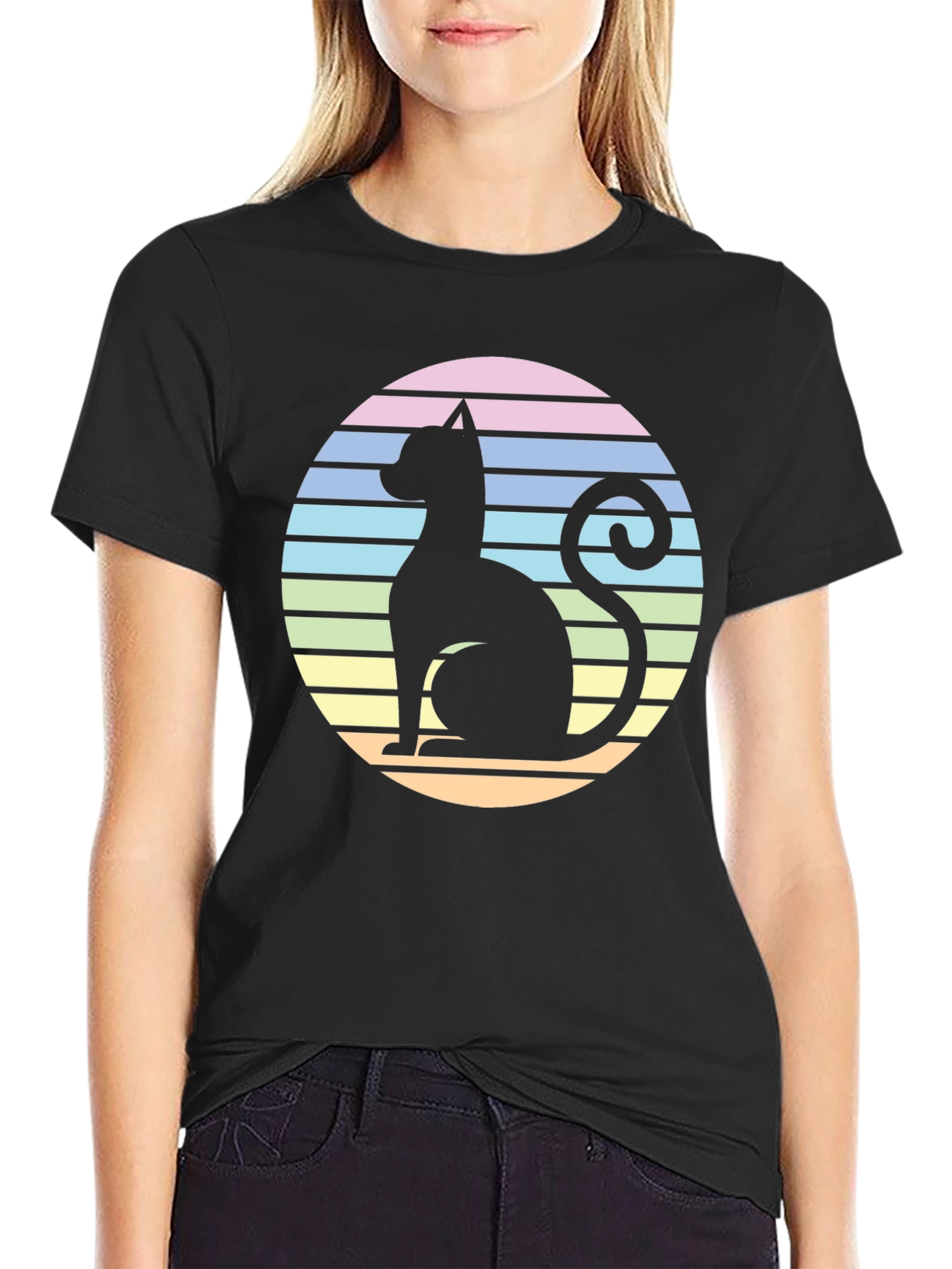 Black Retro Cat Silhouette T-Shirt - Striped Circle Design view 2
