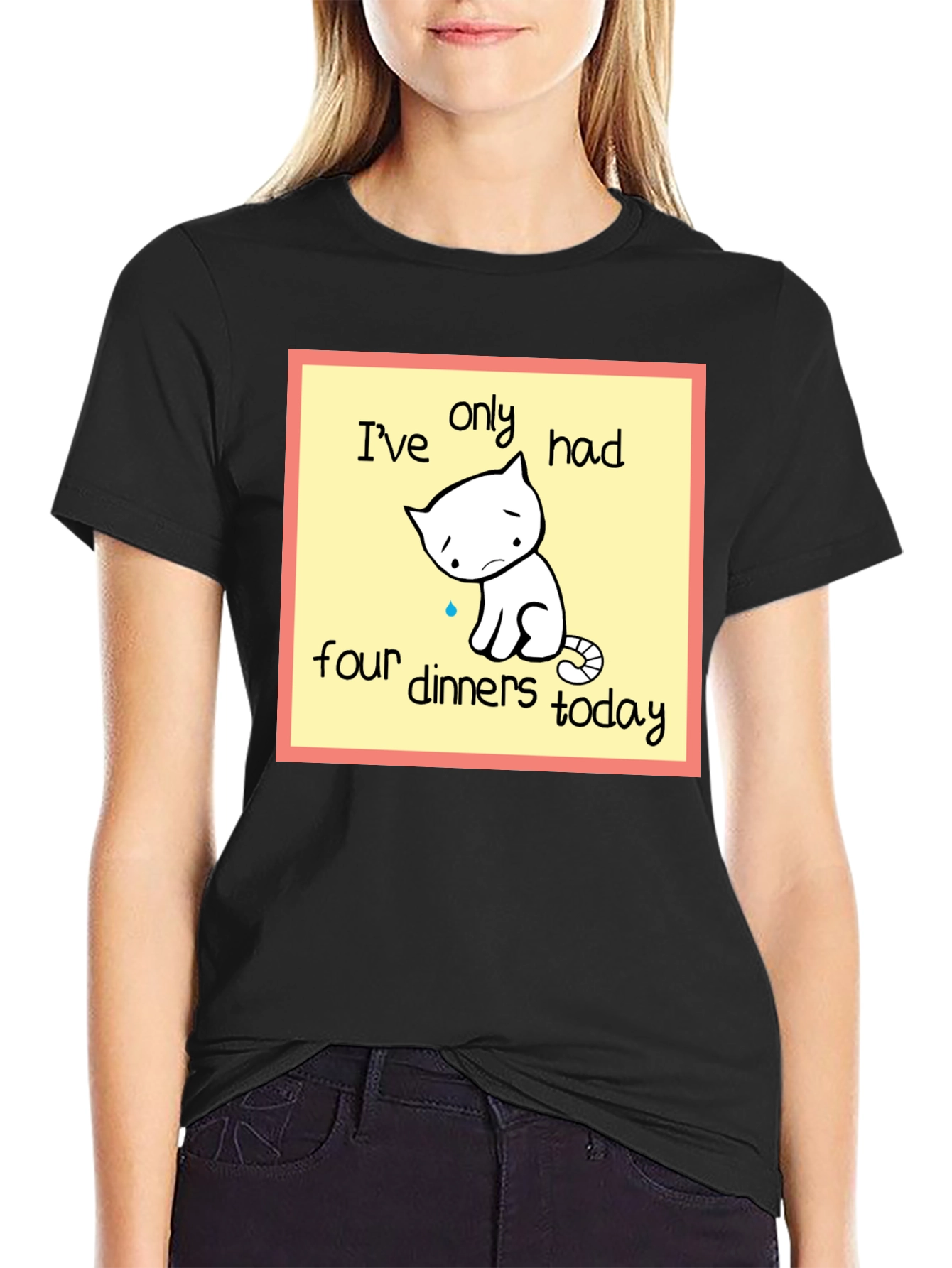 Black Funny Cat T-Shirt: Only Four Dinners Today view 2