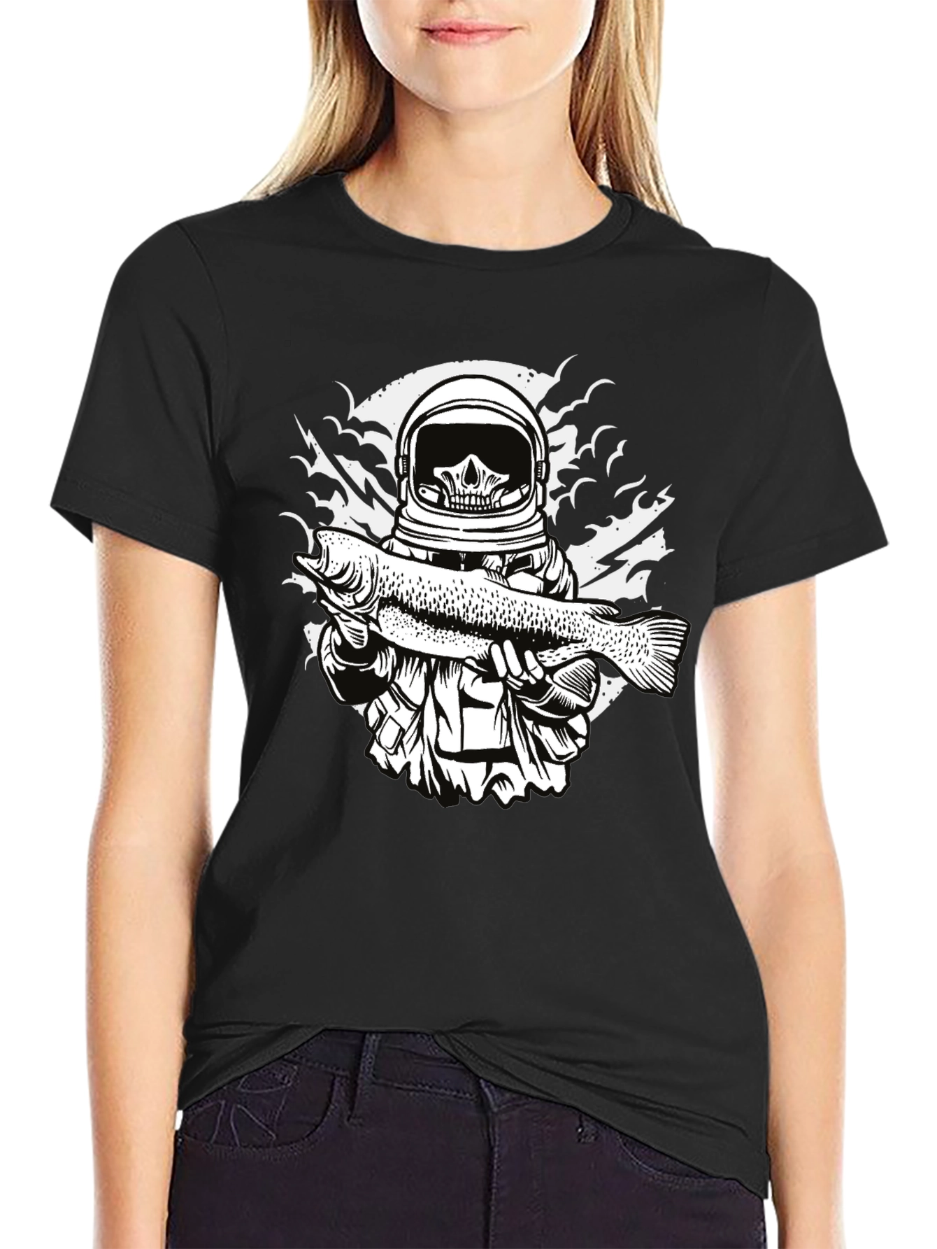 Black Astronaut Skull Fishing T-Shirt - Unique Graphic Tee view 2