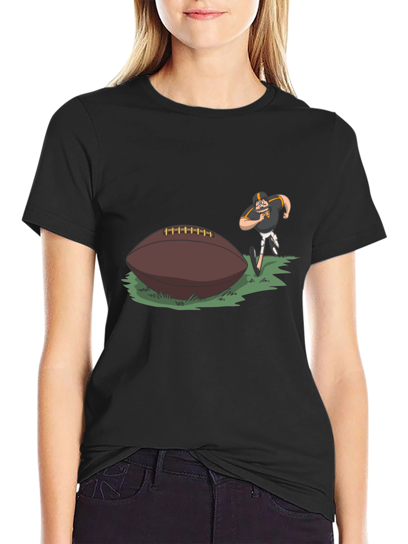Black Football Player Cartoon Print Black T-Shirt view 2