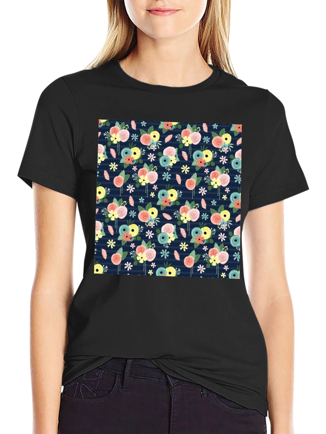 Floral Print Black T-Shirt - 2