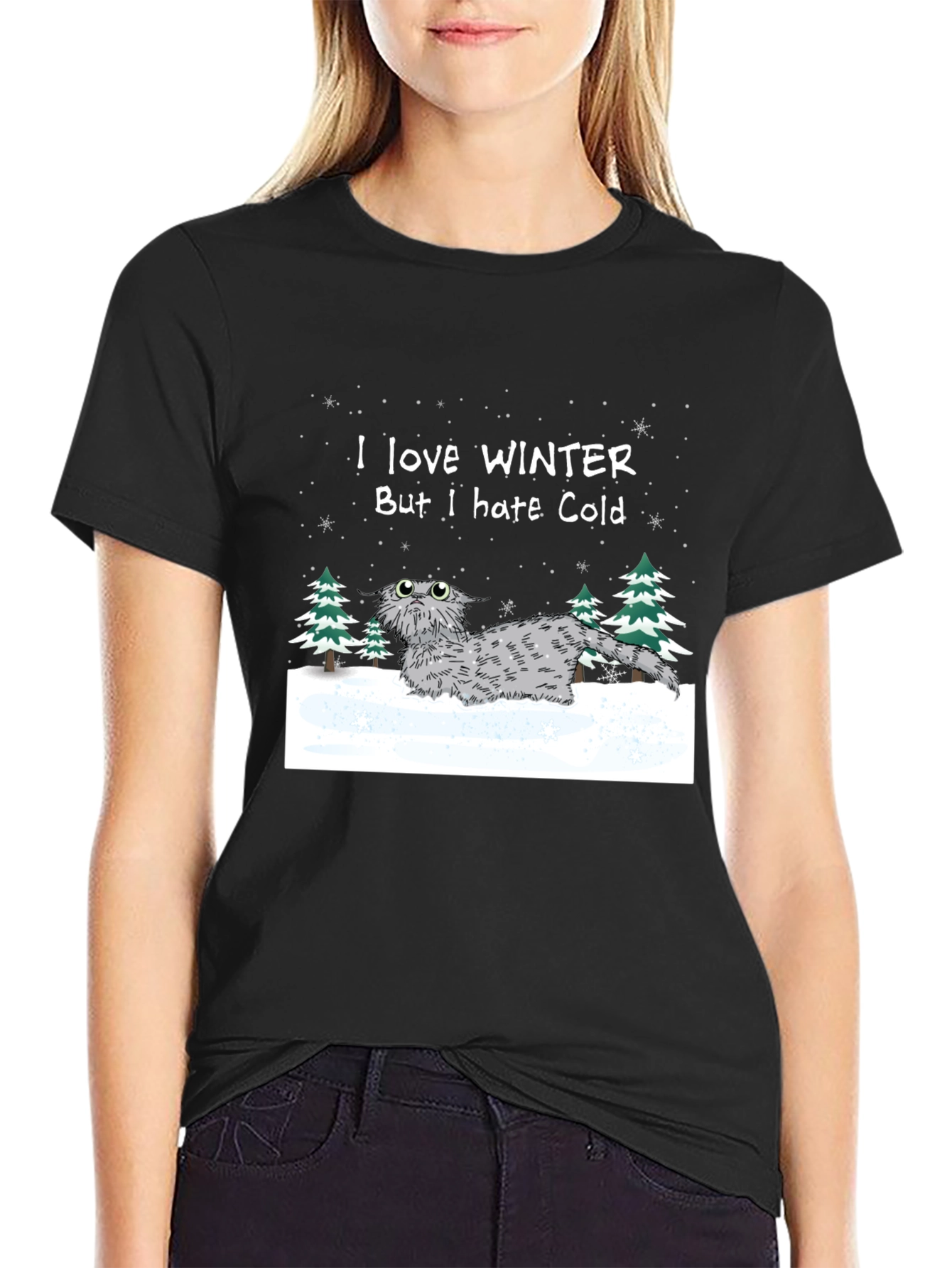 Black Winter Cat T-Shirt - I Love Winter But I Hate Cold view 2