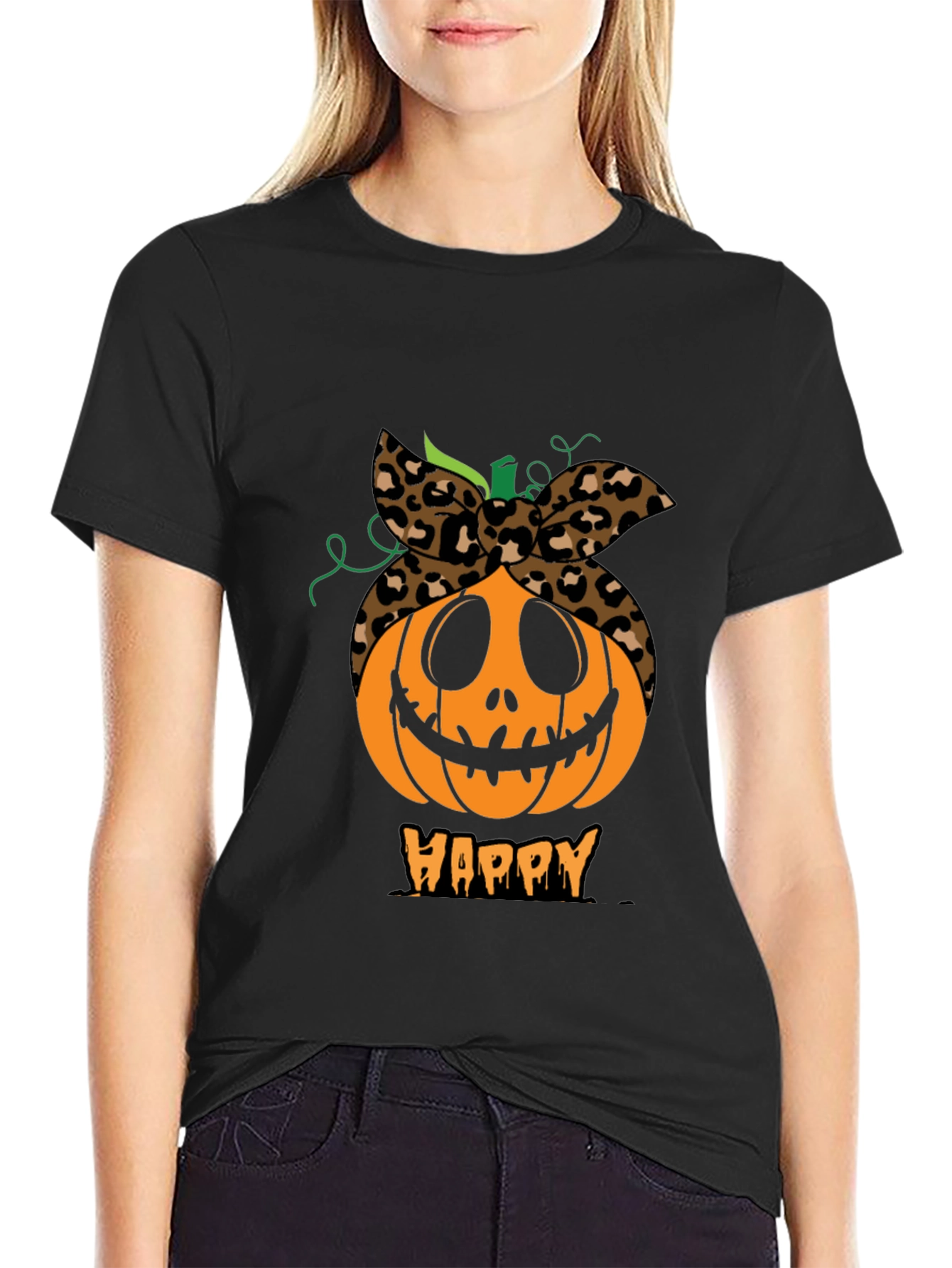 Black Happy Pumpkin Headband Graphic Tee view 2