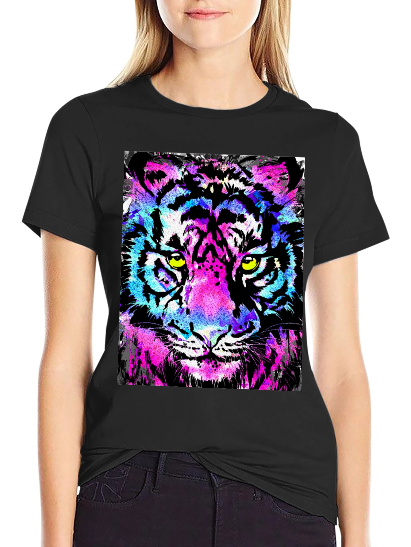 Black Vibrant Tiger Graphic Black T-Shirt view 2