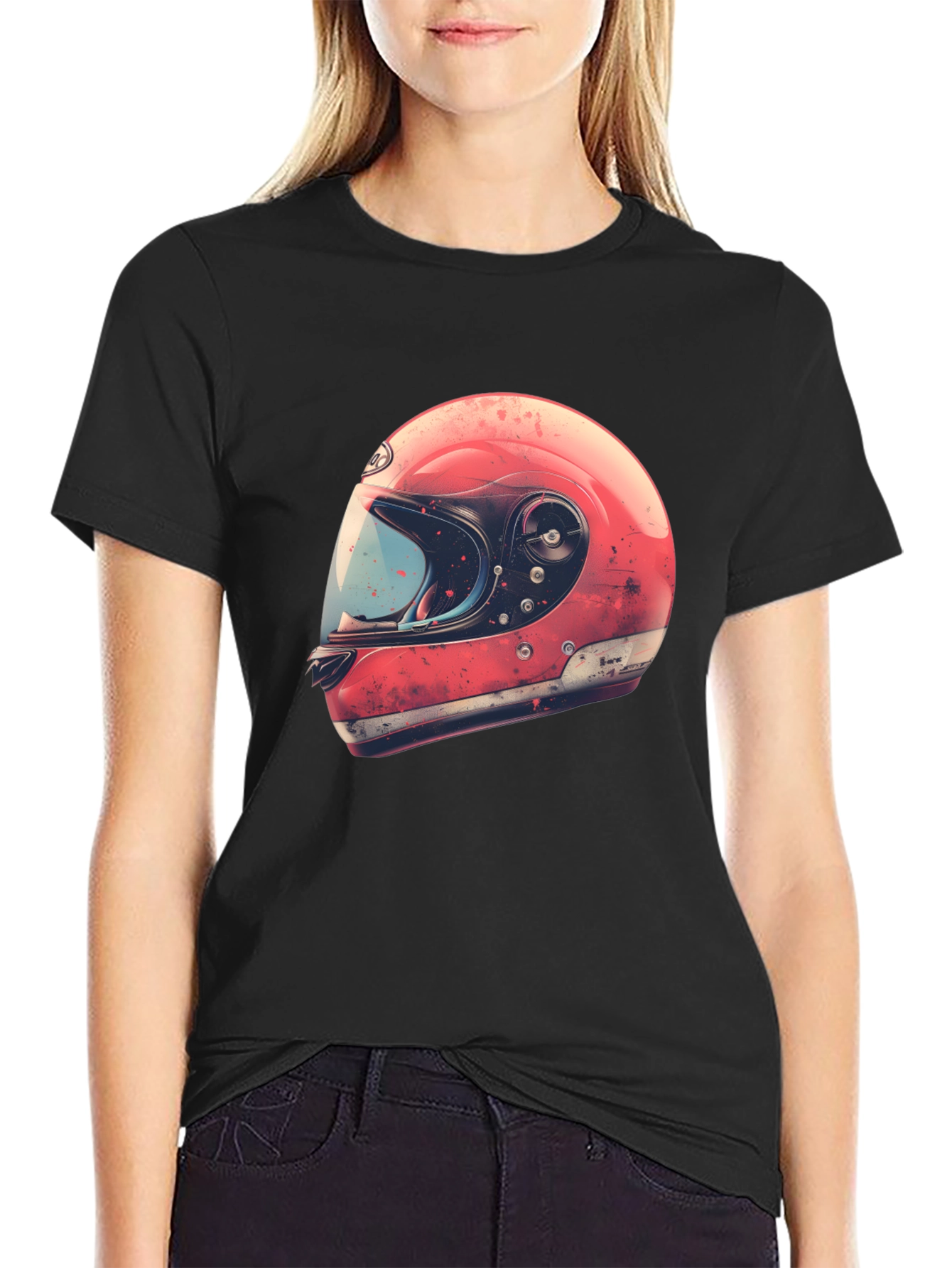 Black Retro Motorcycle Helmet Graphic Tee - Black view 2