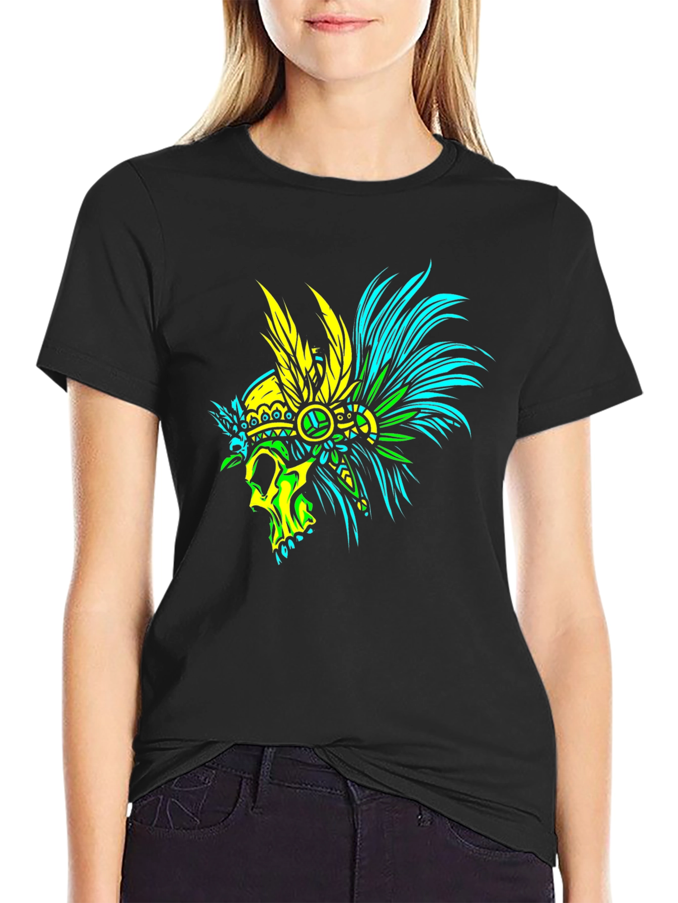 Black Skull Headdress Graphic Tee - Bold Black T-Shirt view 2