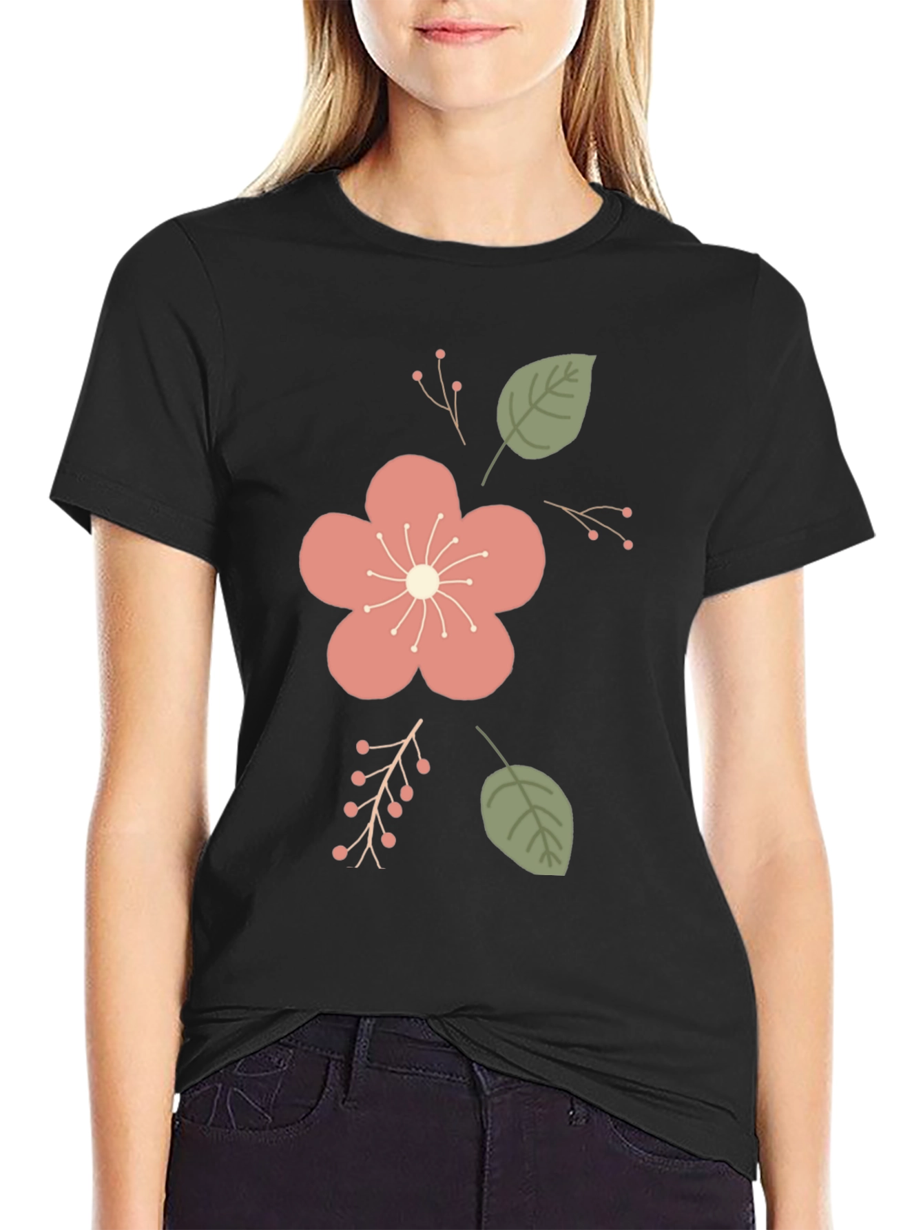 Black Floral Print Crew Neck T-Shirt view 2