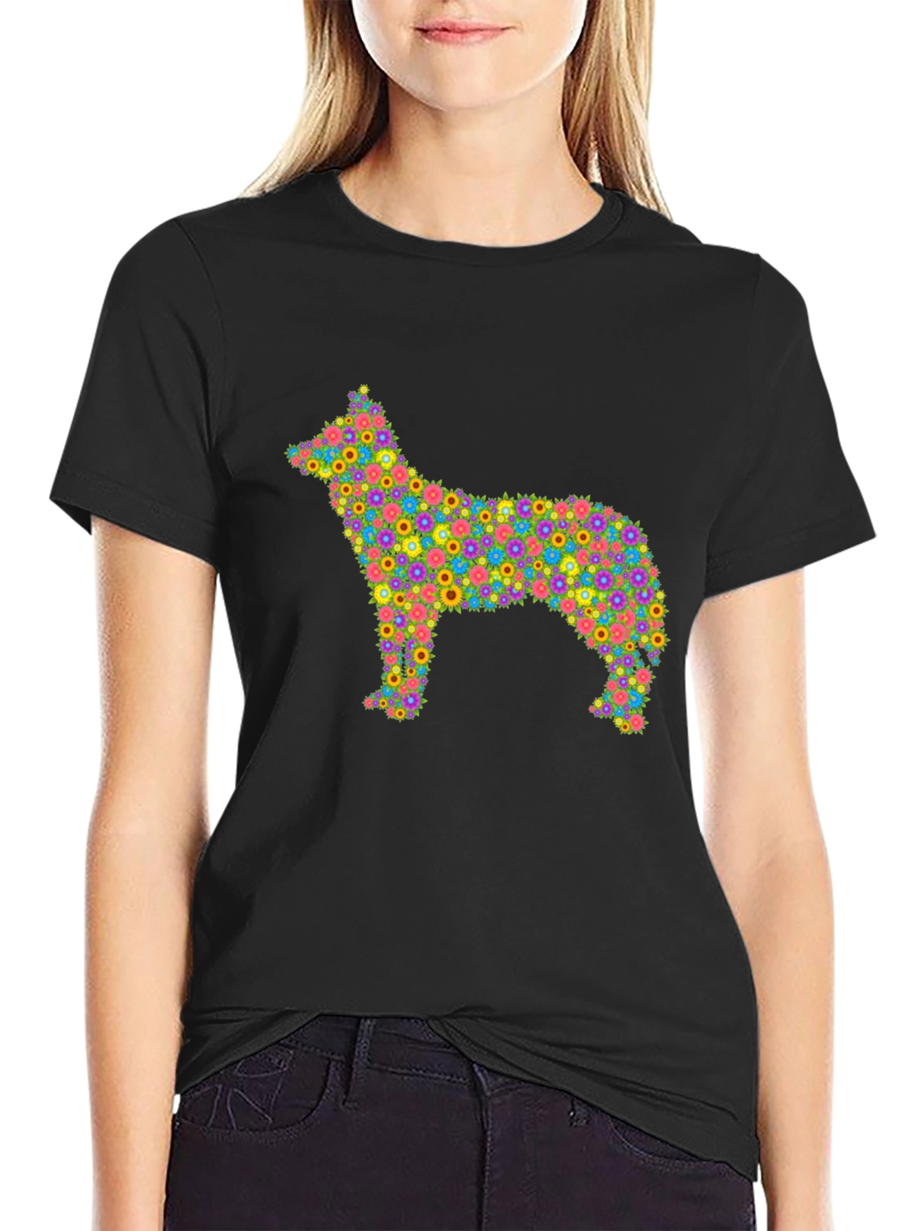 Black Floral Dog T-Shirt - Unique Colorful Design view 2