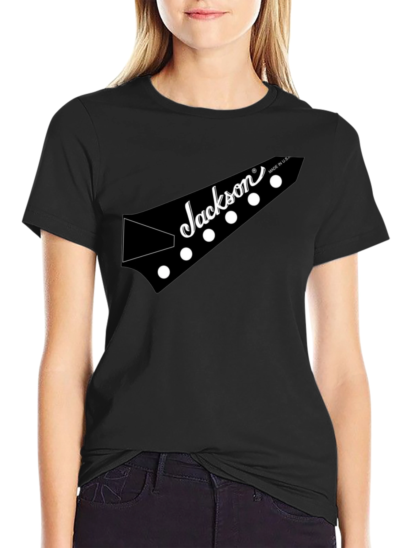 Black Jackson Guitar Headstock Black T-Shirt view 2