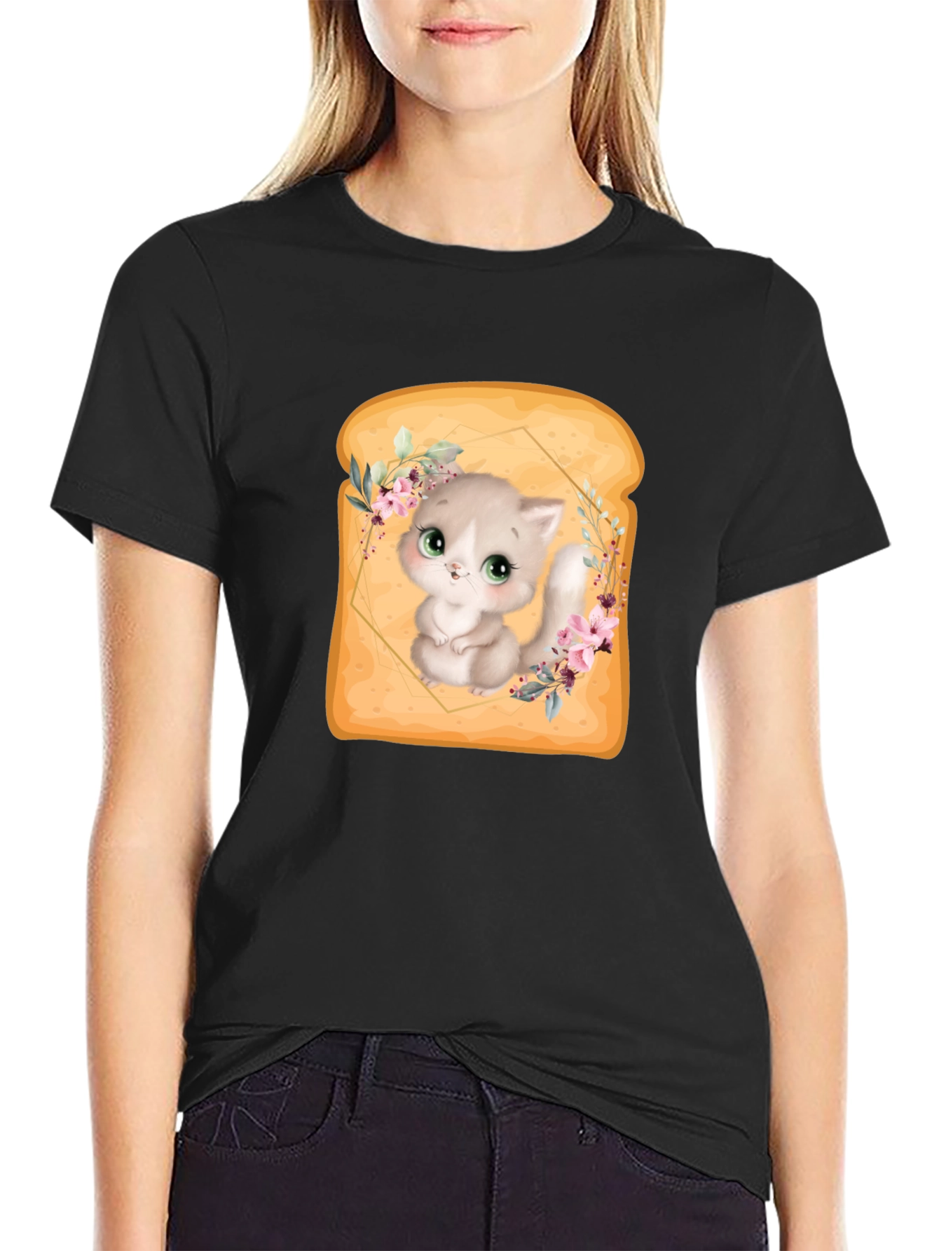 Black Cute Kitten in Toast T-Shirt - Unique Graphic Tee view 2