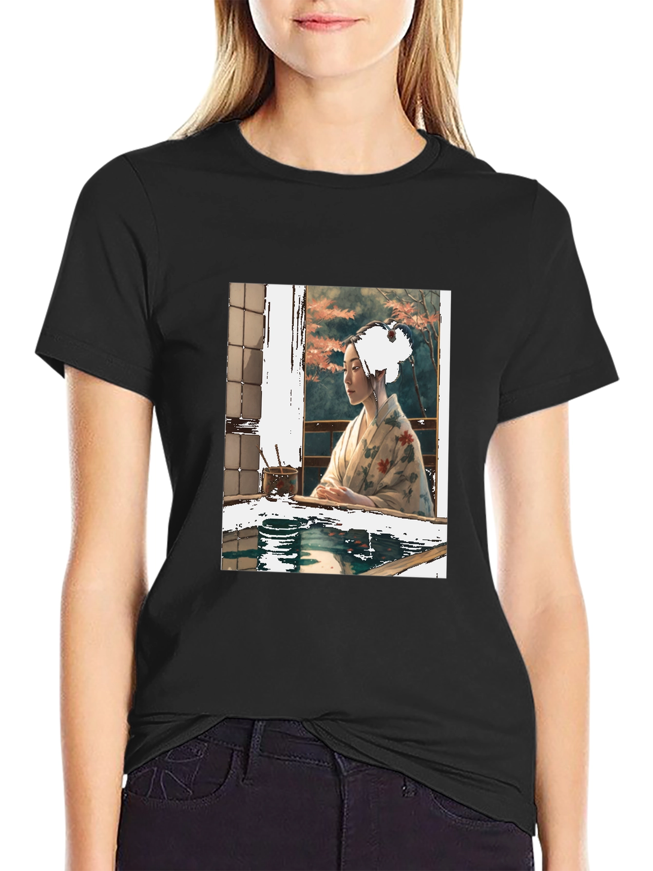 Black Elegant Geisha Art T-Shirt - Unisex Crew Neck Tee view 2