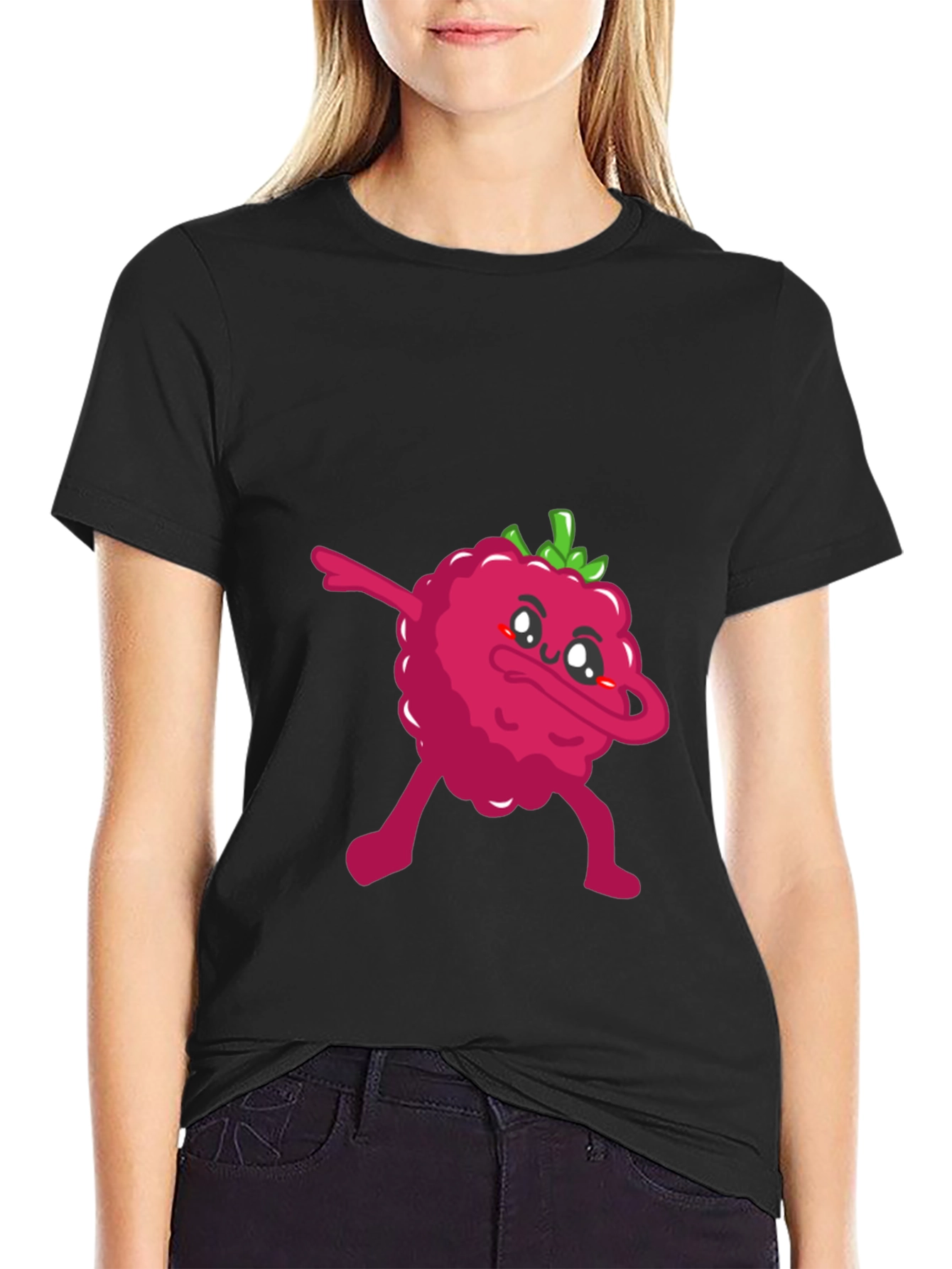 Black Dabbing Raspberry Graphic Tee - Fun Fruit T-Shirt view 2