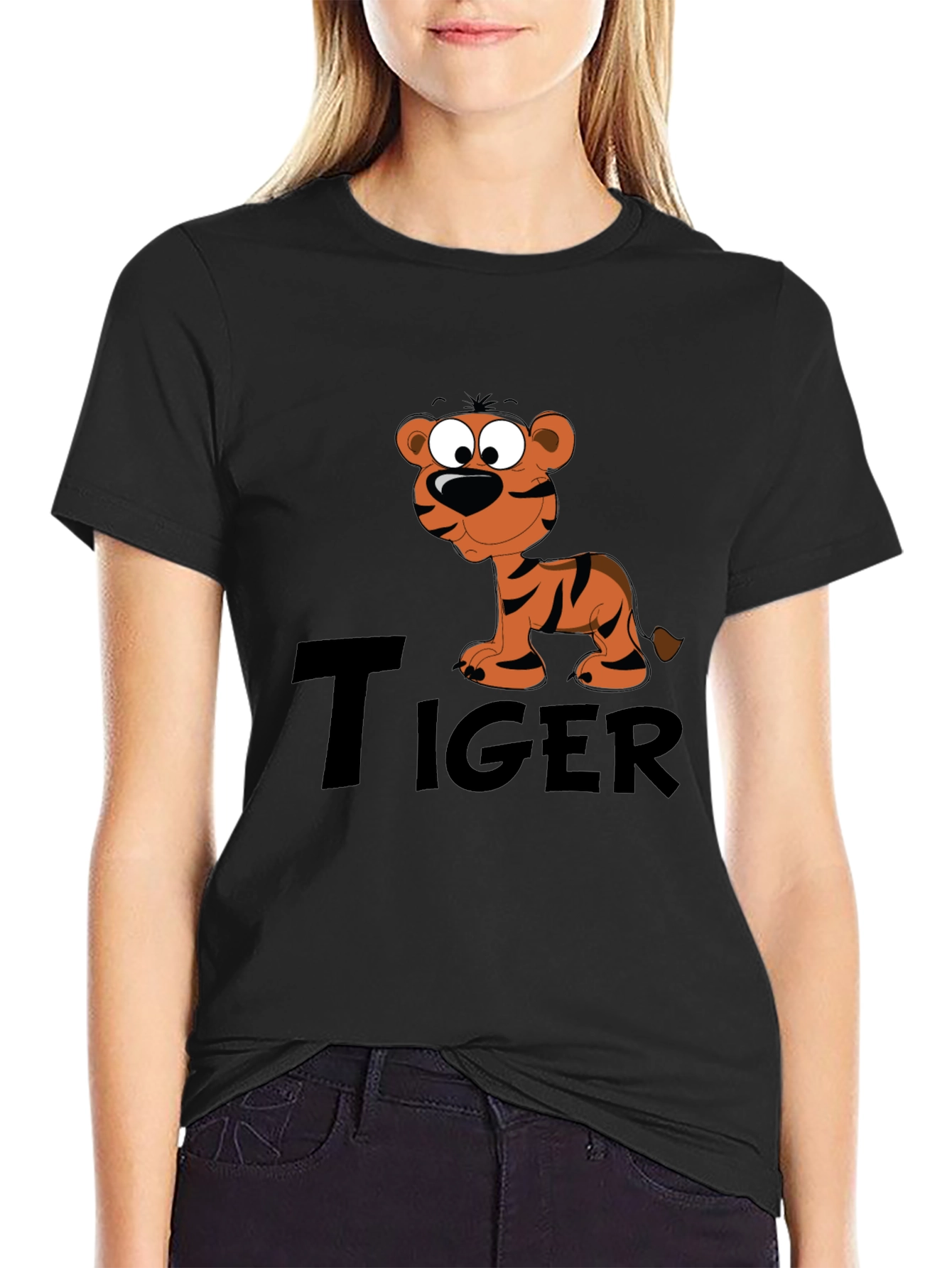Black Cartoon Tiger Graphic Black T-Shirt view 2