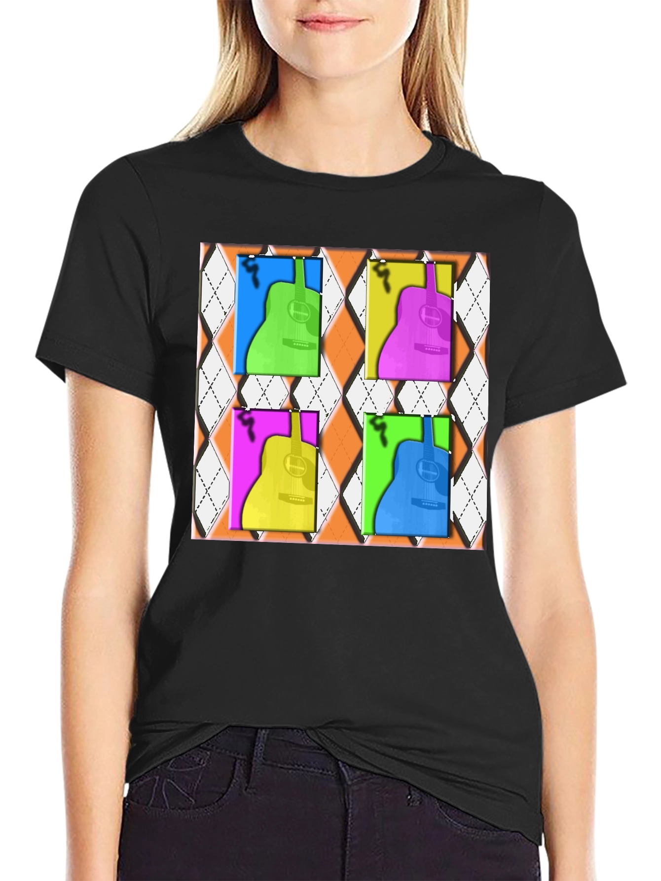 Black Pop Art Guitar T-Shirt - Modern Musical Design view 2
