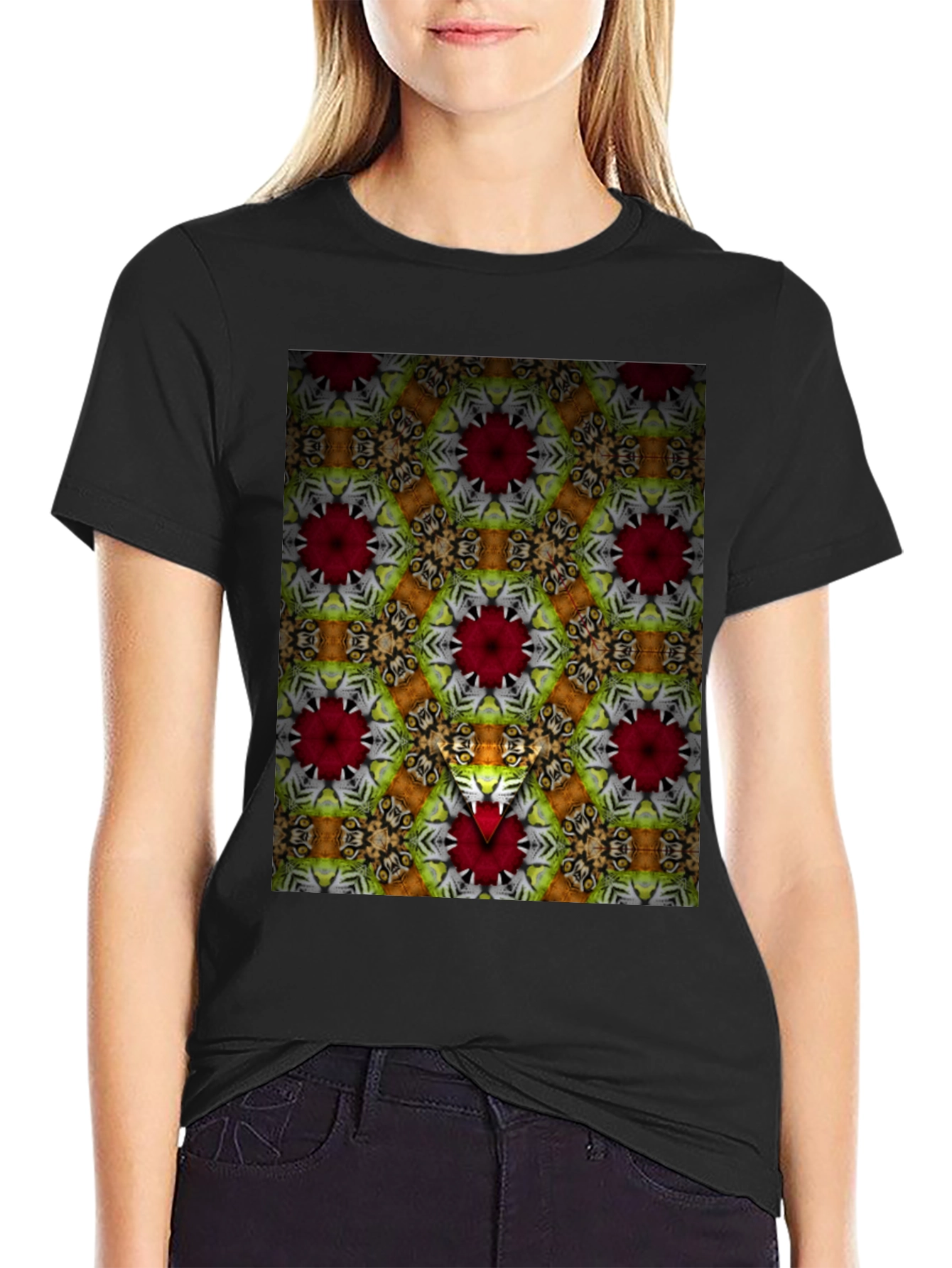 Black Kaleidoscope Floral Graphic Print Men's Black T-Shirt view 2