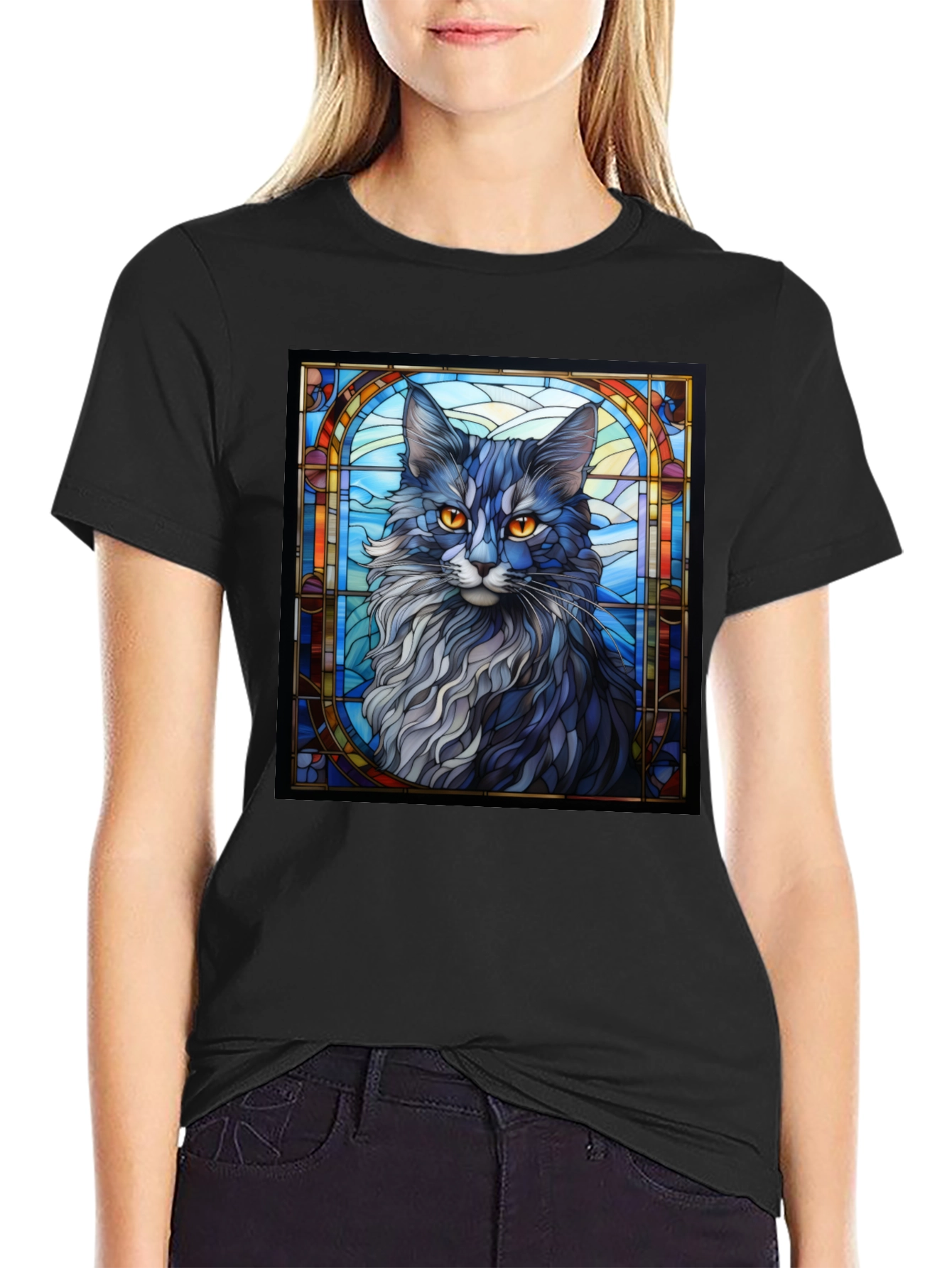 Black Stained Glass Cat Graphic Tee - Unique Design view 2