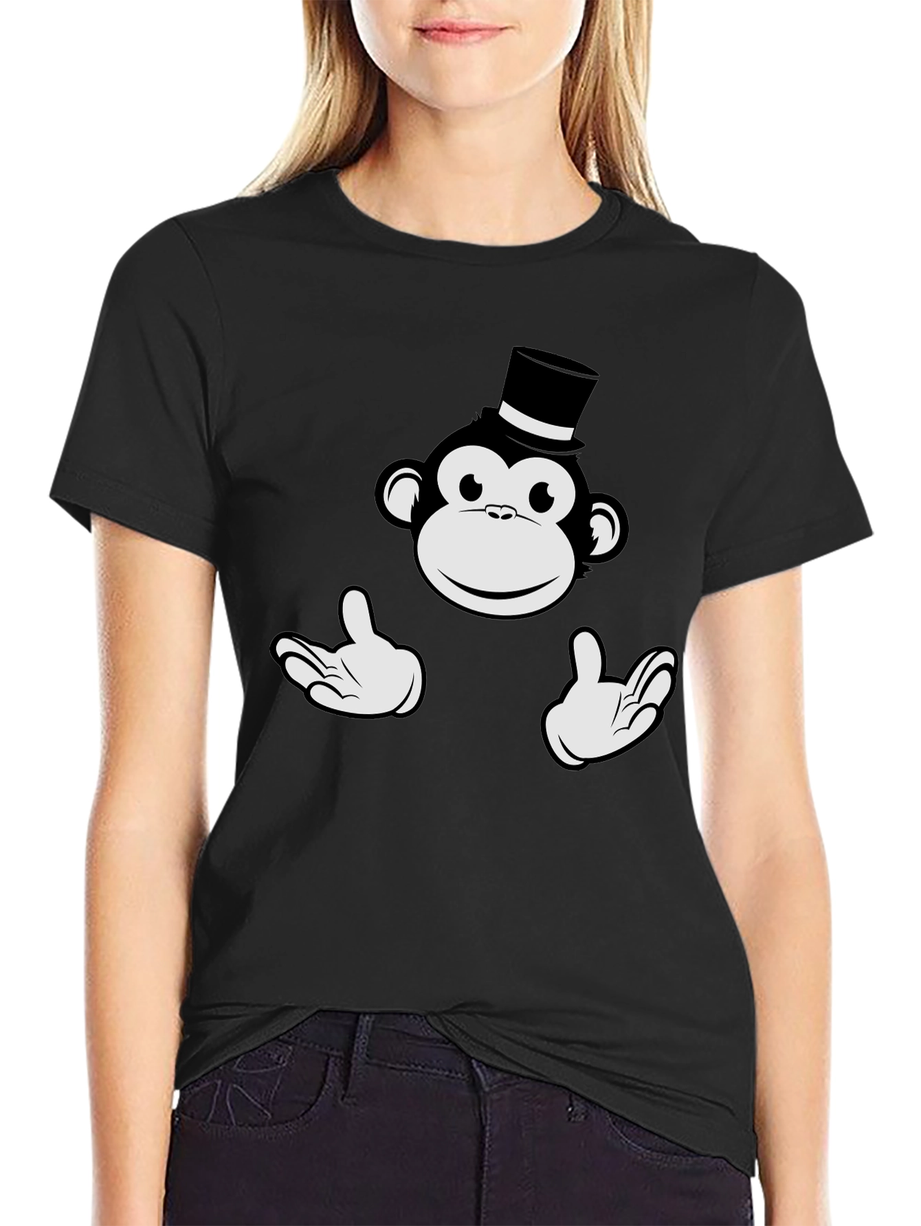 Black Monkey Top Hat Graphic Tee - Black Cotton T-Shirt view 2