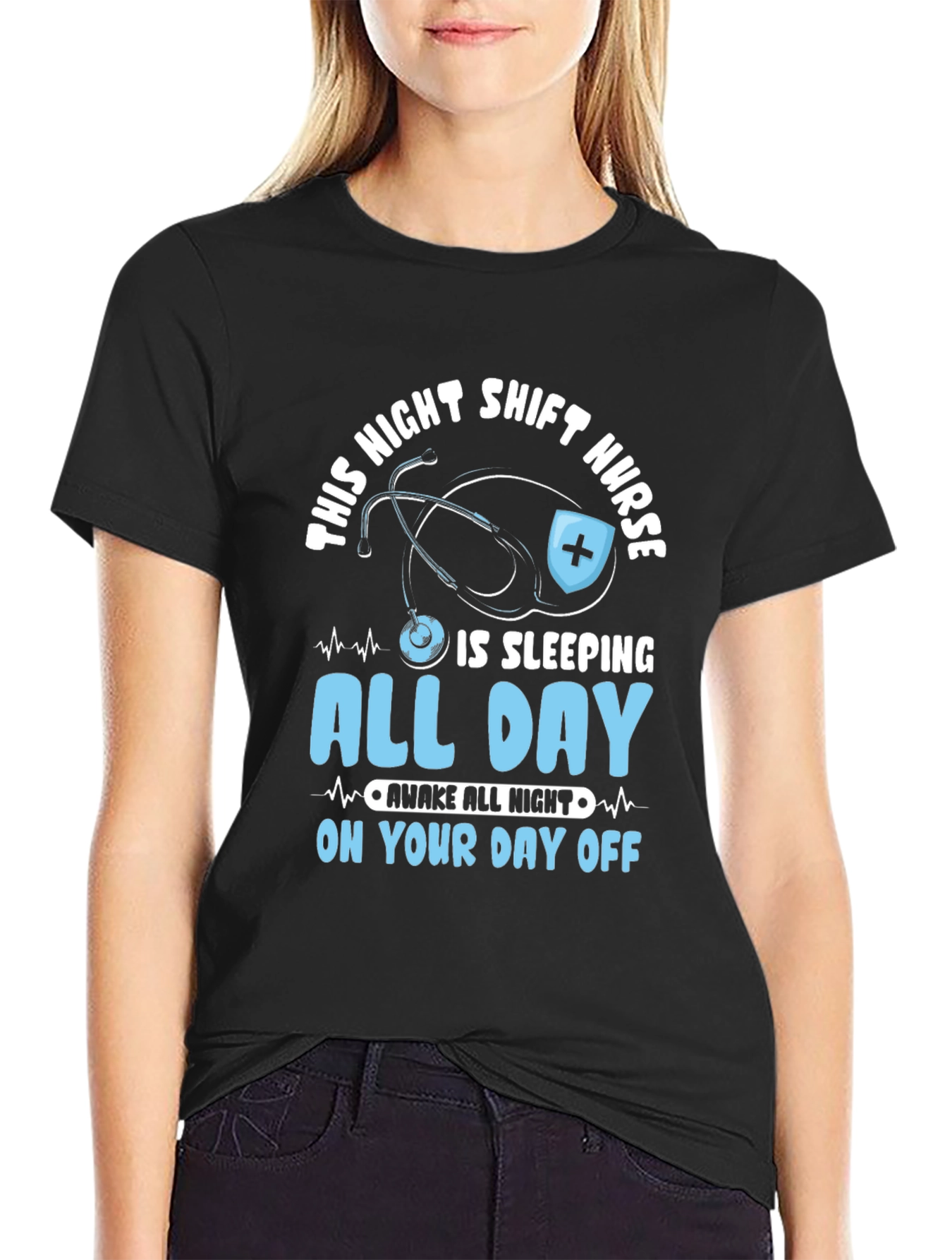 Black Night Shift Nurse Sleeping All Day T-Shirt view 2