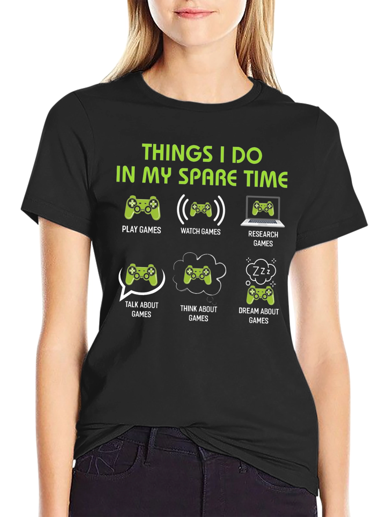 Black Gamer Spare Time T-Shirt - Play, Watch, Research Games view 2