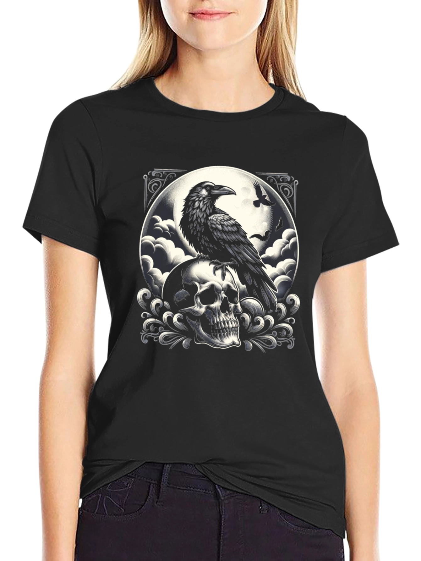 Black Raven Skull Graphic Tee - Dark Gothic Style view 2