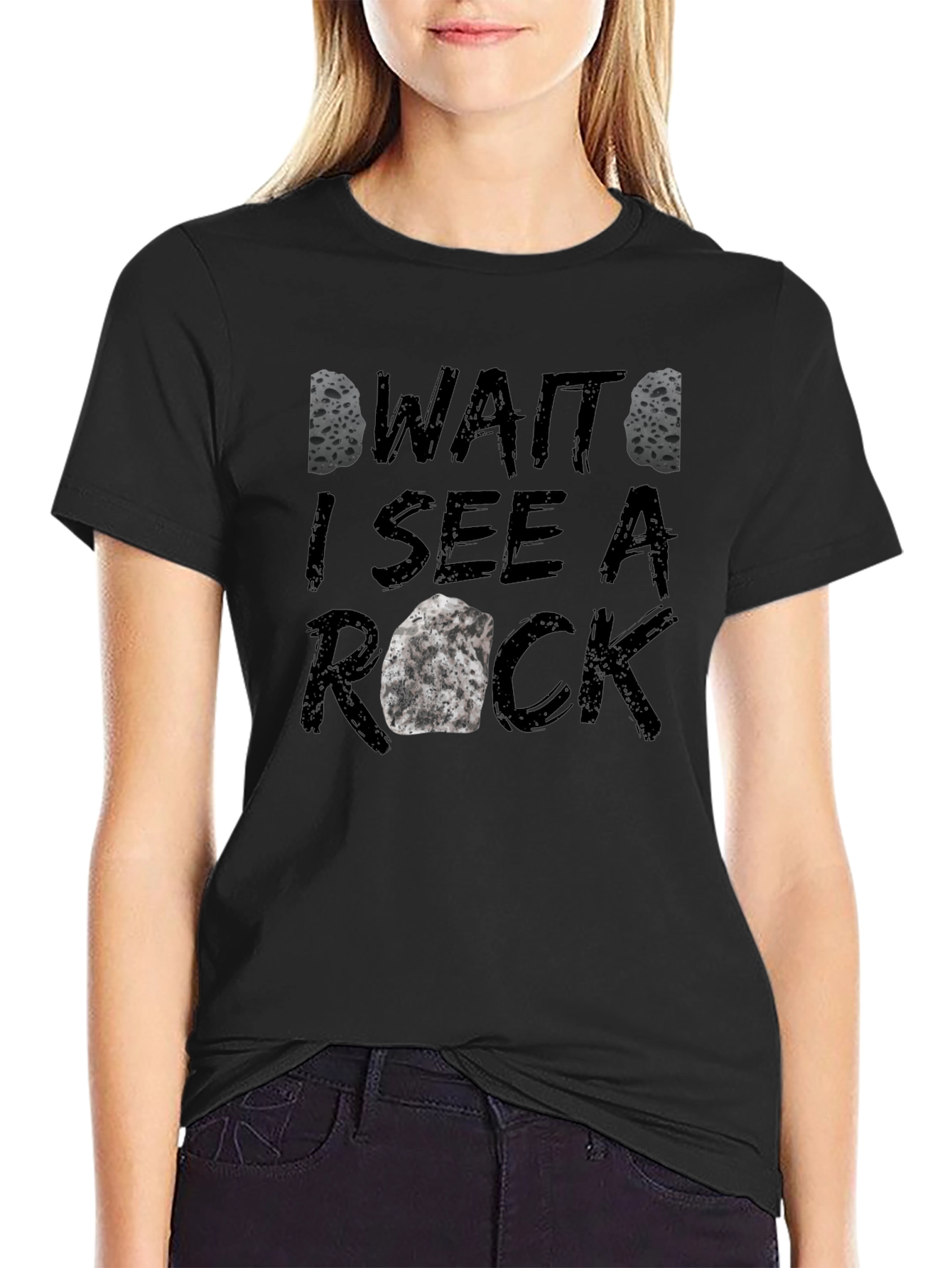Black Funny Rock Lover Graphic Tee - 'Wait I See A Rock' T-Shirt view 2
