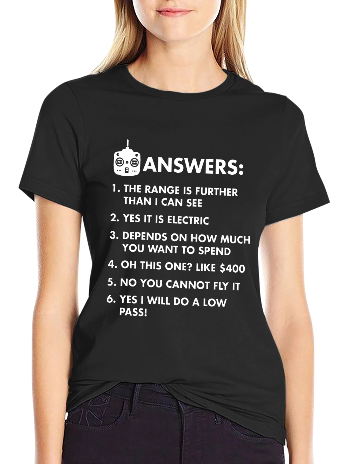 Black Funny Drone Answers T-Shirt - Pilot Gift view 2