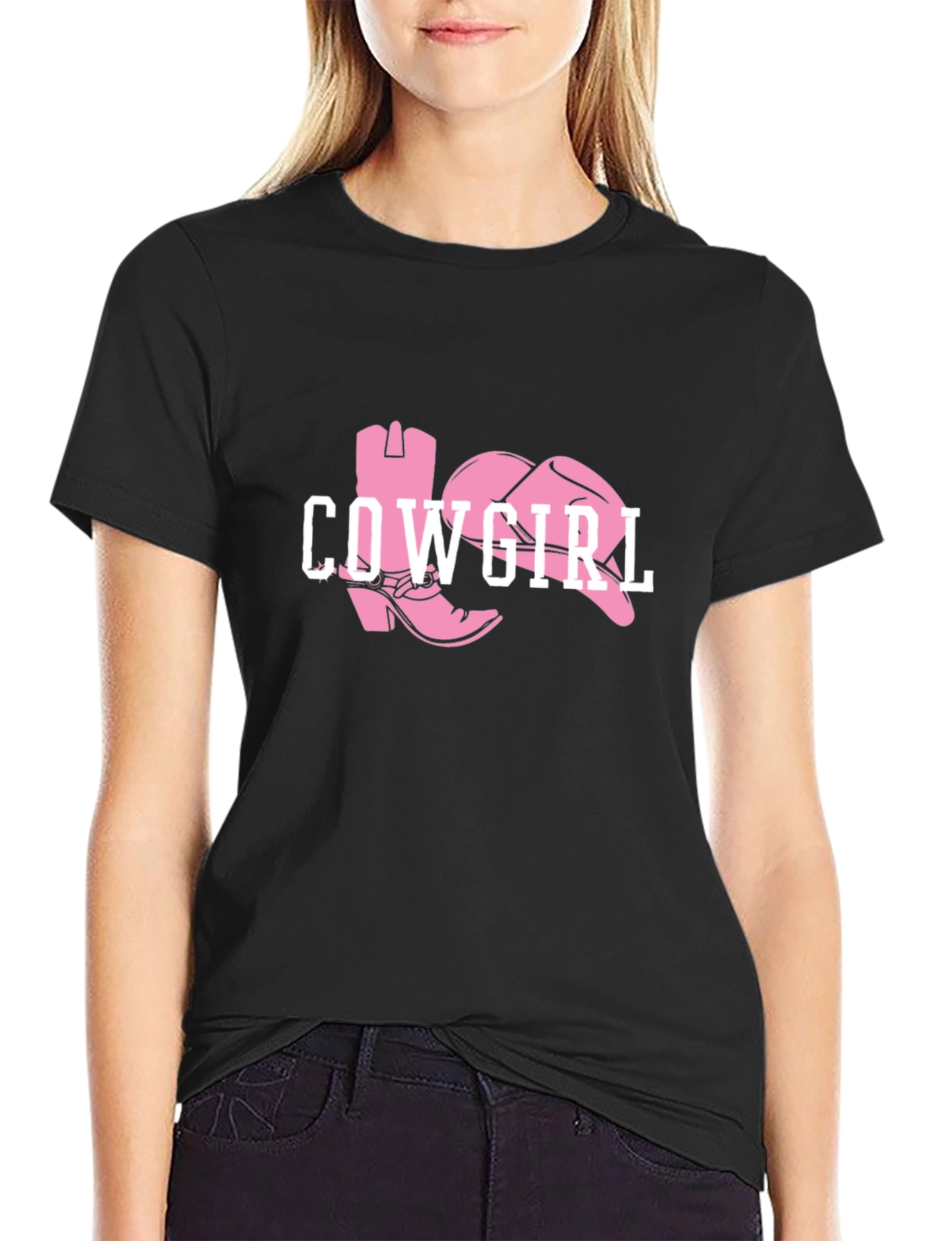 Black Cowgirl Boots Graphic Tee - Black Cotton T-Shirt view 2