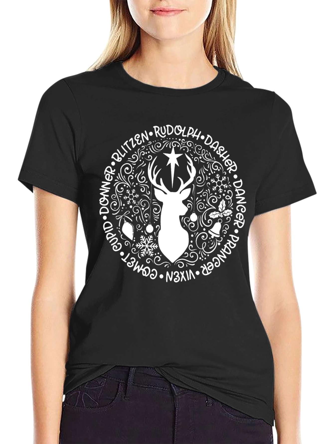 Black Reindeer Names Graphic T-Shirt view 2