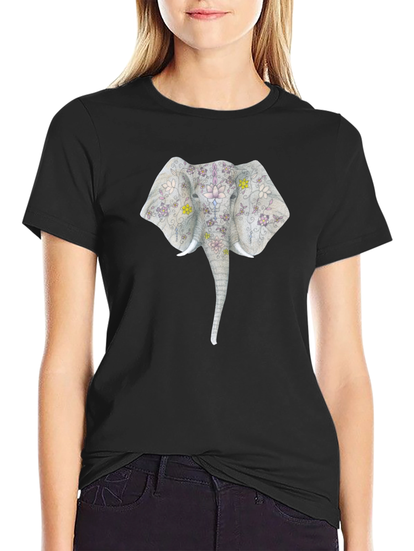 Black Floral Elephant Graphic T-Shirt view 2