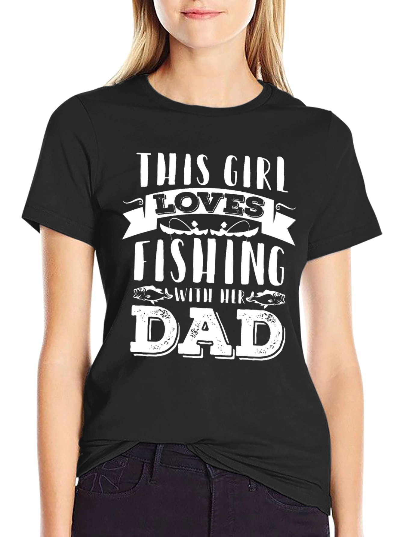 Black Fishing Girl Dad Black Graphic T-Shirt view 2