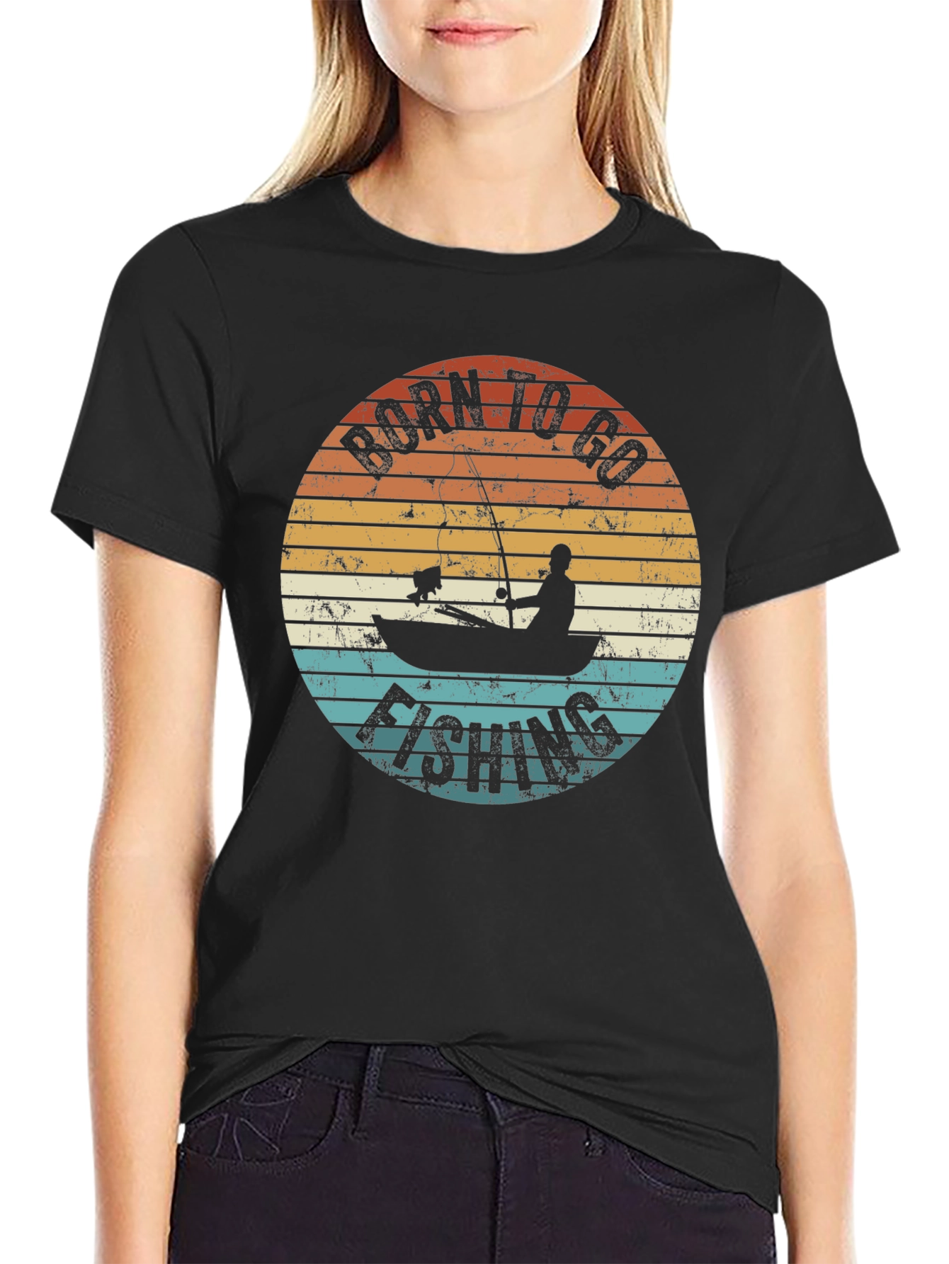 Black Born To Go Fishing T-Shirt - Retro Fisherman Design view 2