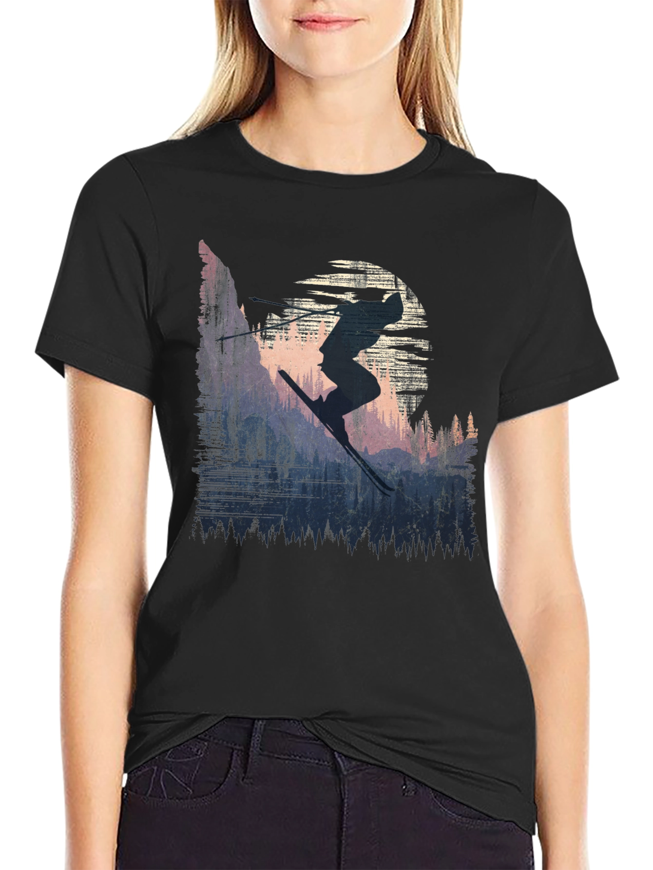 Black Skier Silhouette Graphic Tee - Black Cotton T-Shirt view 2