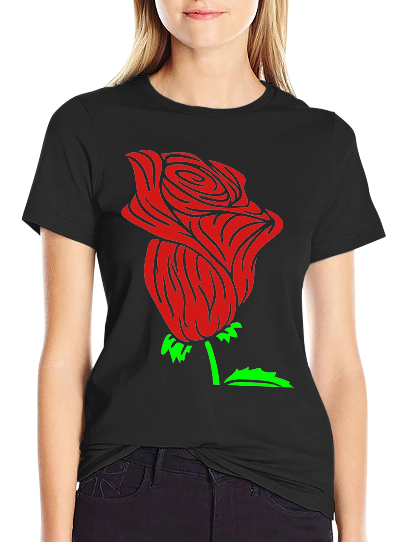 Black Red Rose Graphic Black Tee Shirt view 2