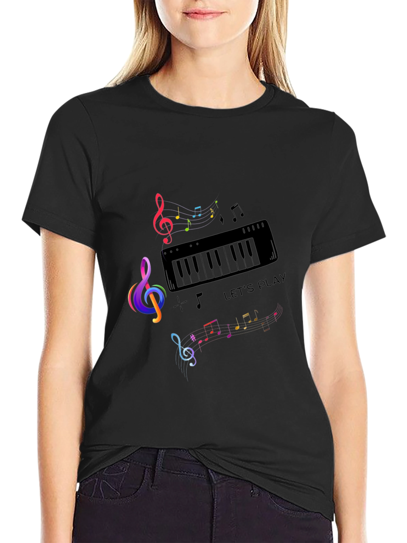 Musical Note Piano Graphic Print Black T-Shirt - 2
