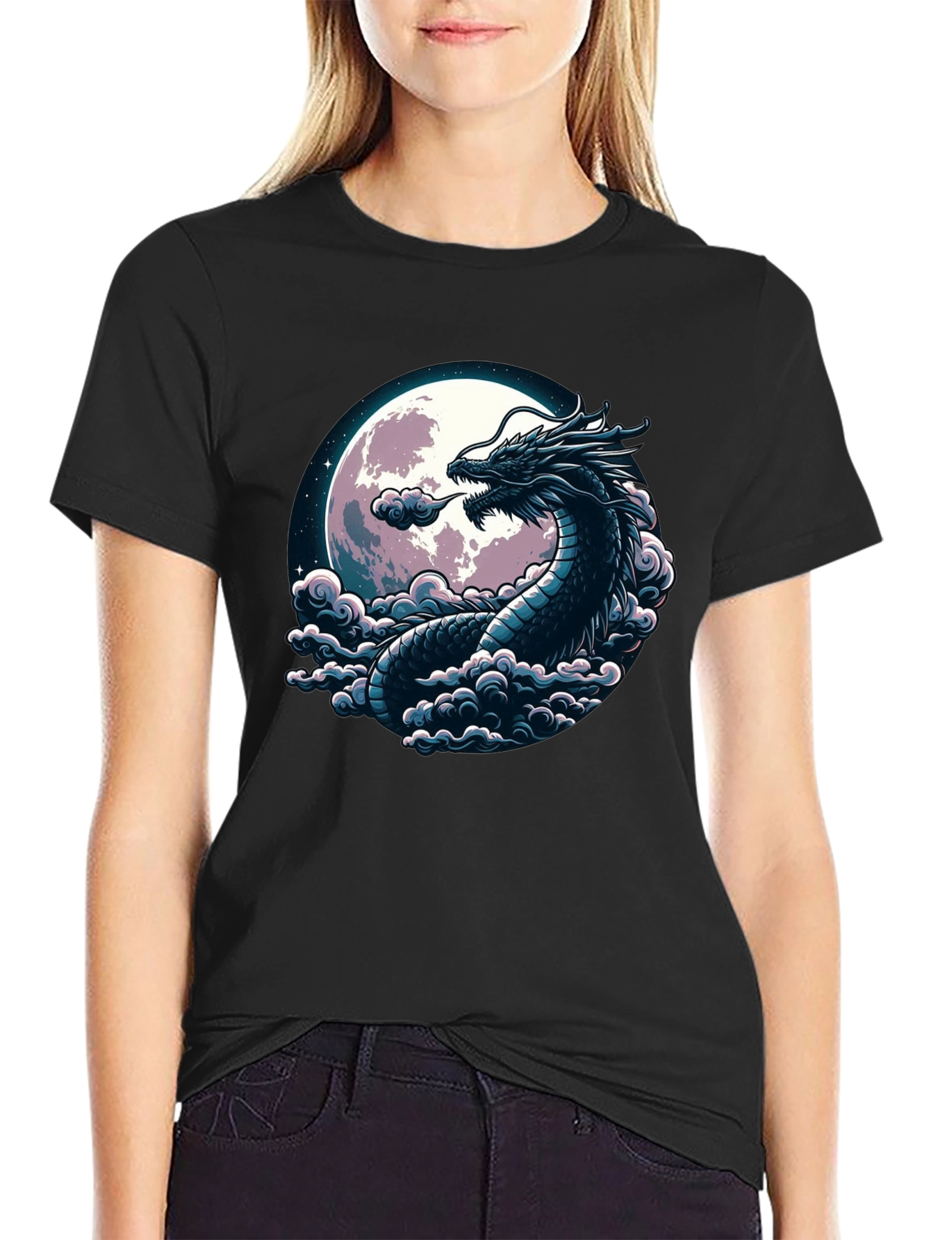 Black Dragon Moon Graphic Tee - Black Cotton T-Shirt view 2