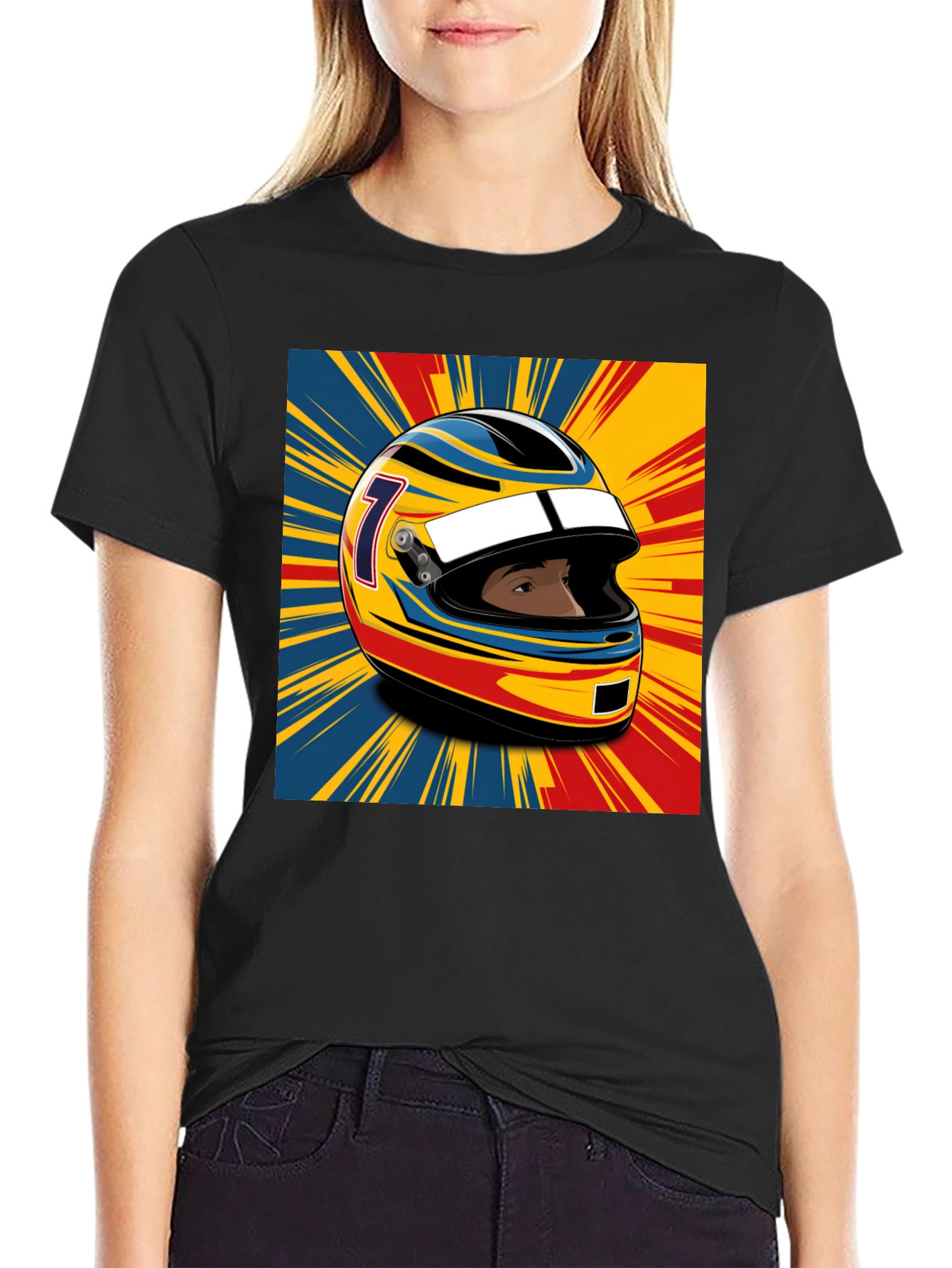 Black Racing Helmet Graphic T-Shirt - Stylish Motorsport Apparel view 2