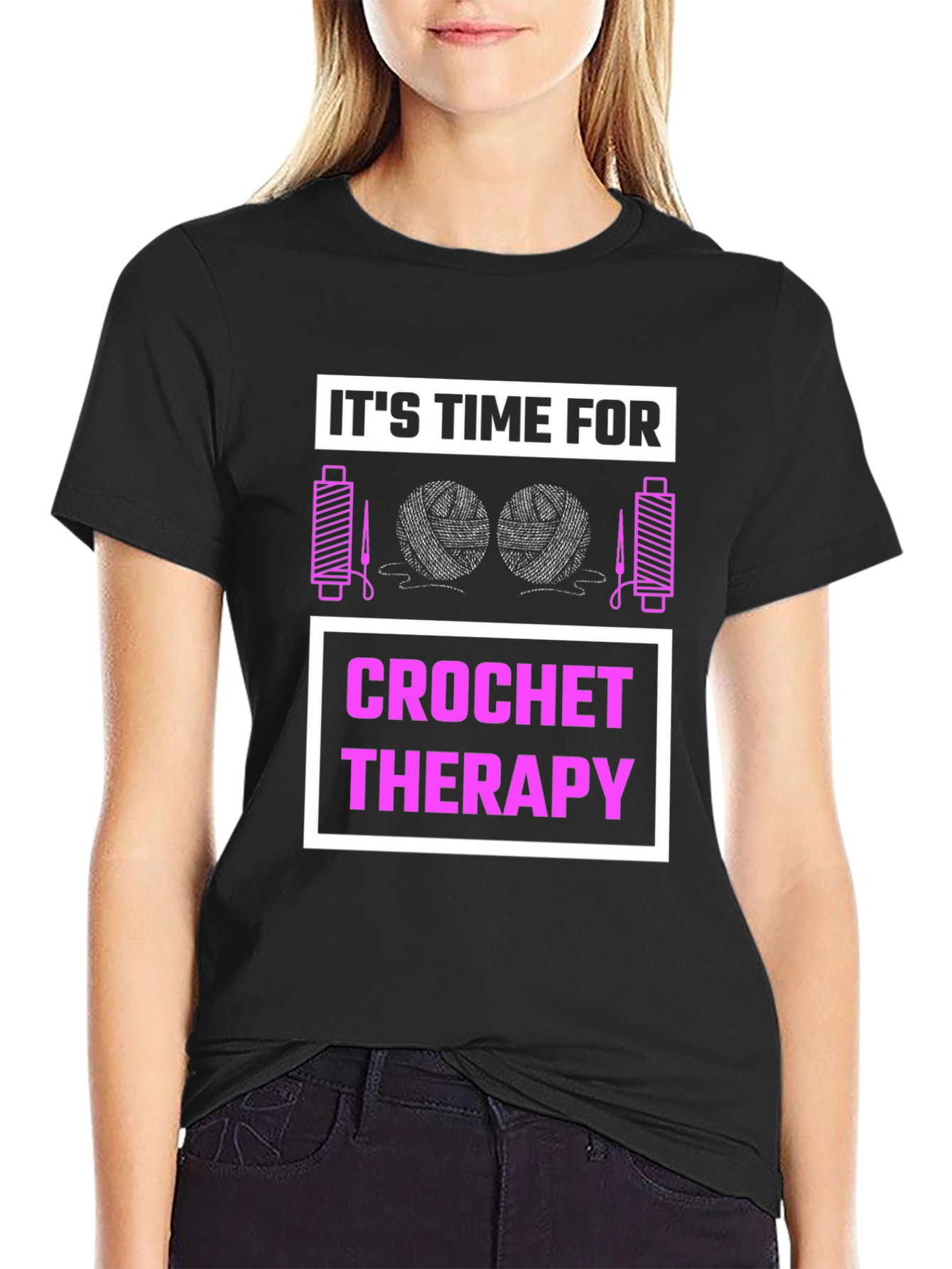 Black Crochet Therapy T-Shirt: Black Cotton Tee for Craft Lovers view 2