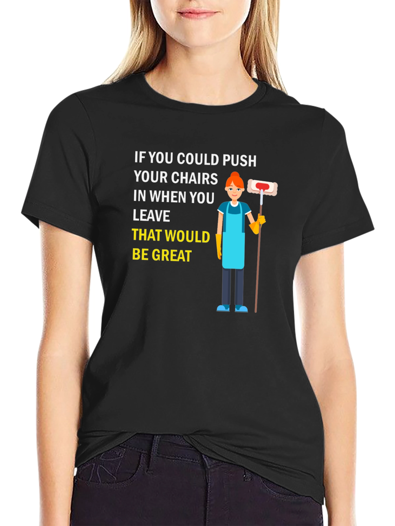 Black Push in Chairs Funny Janitor Graphic T-Shirt view 2