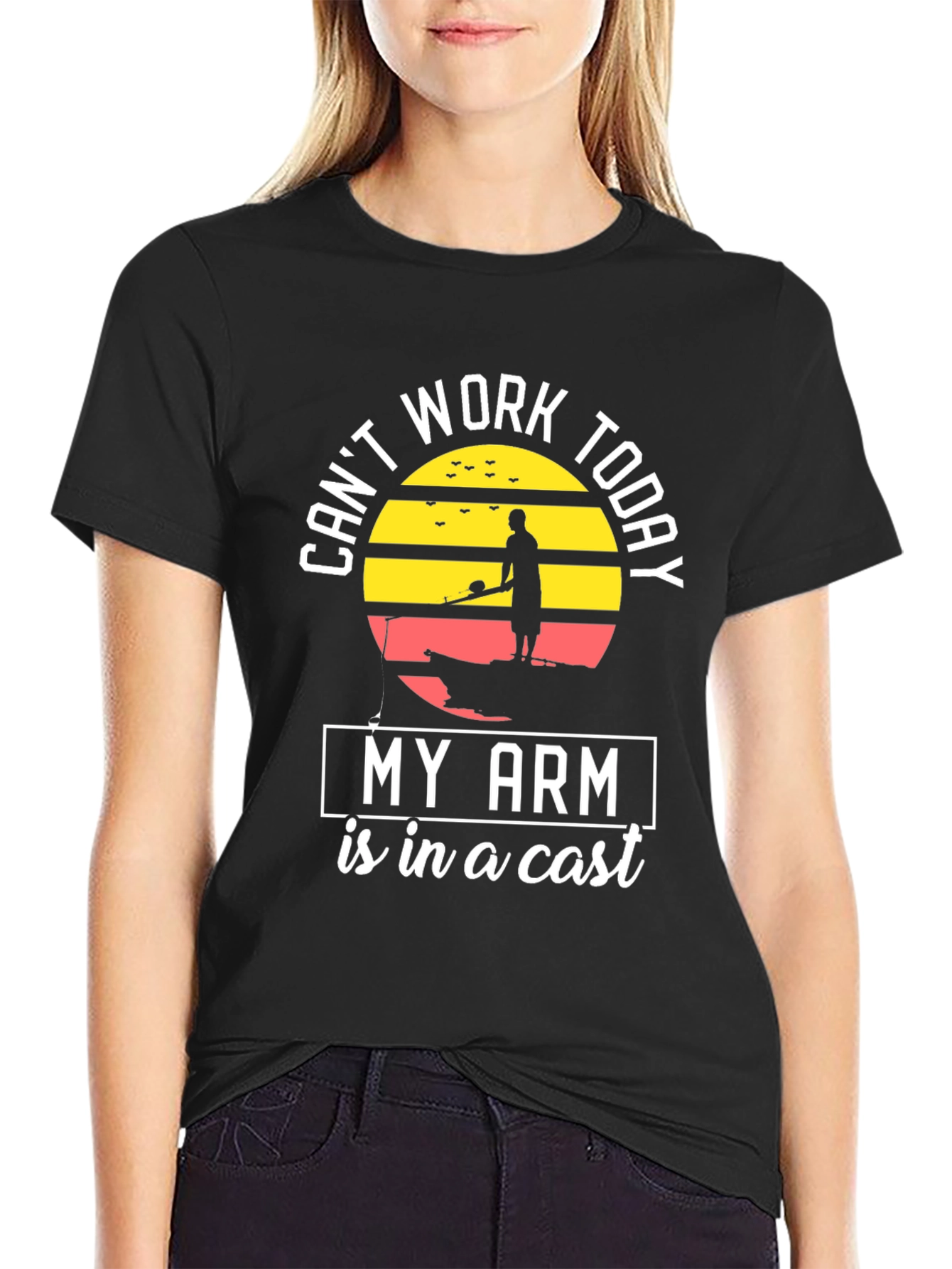Black Funny Fishing T-Shirt - Can't Work, Arm in Cast view 2