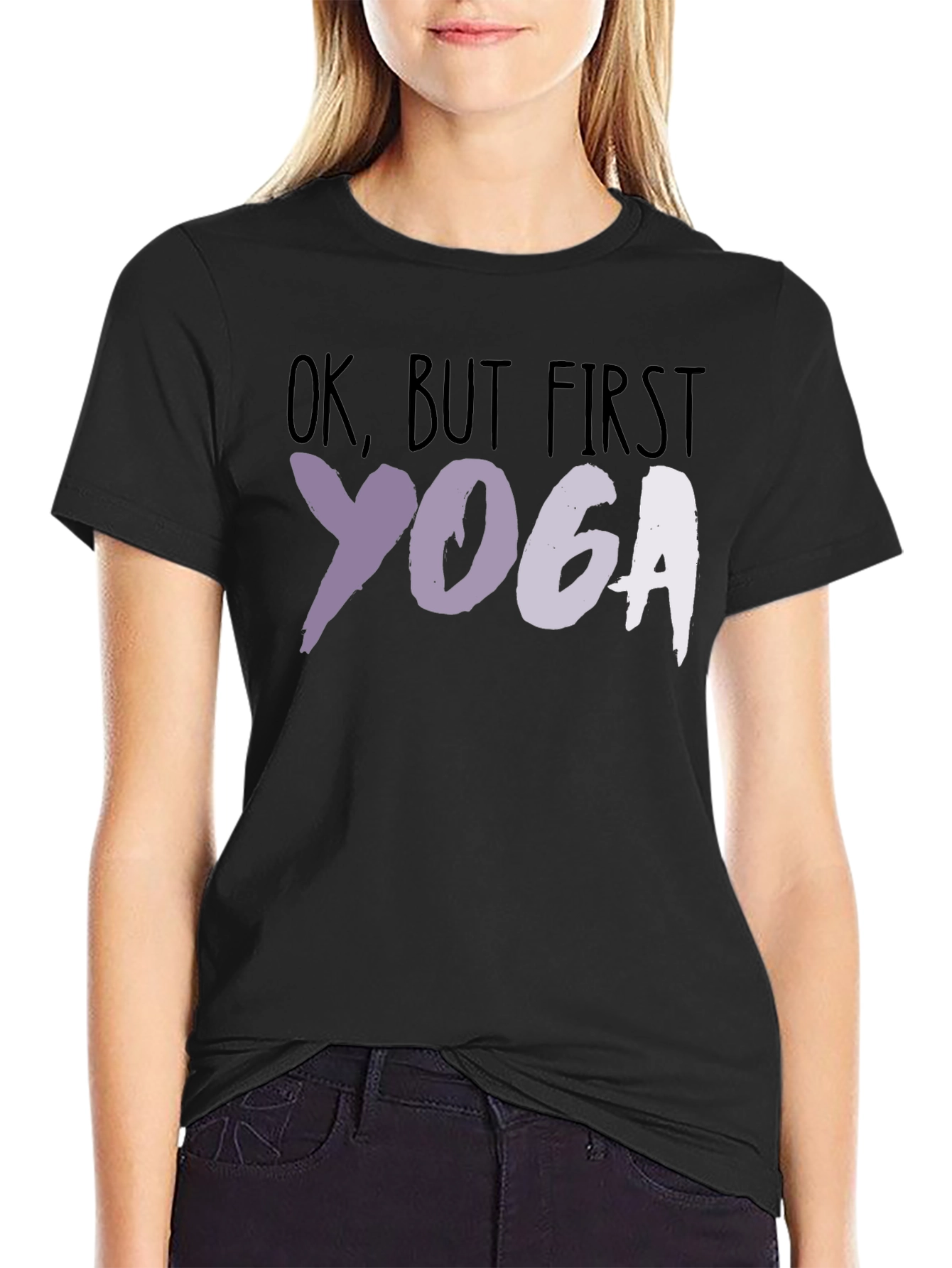 Black Yoga T-Shirt: Ok, But First Yoga - Relaxed Fit view 2