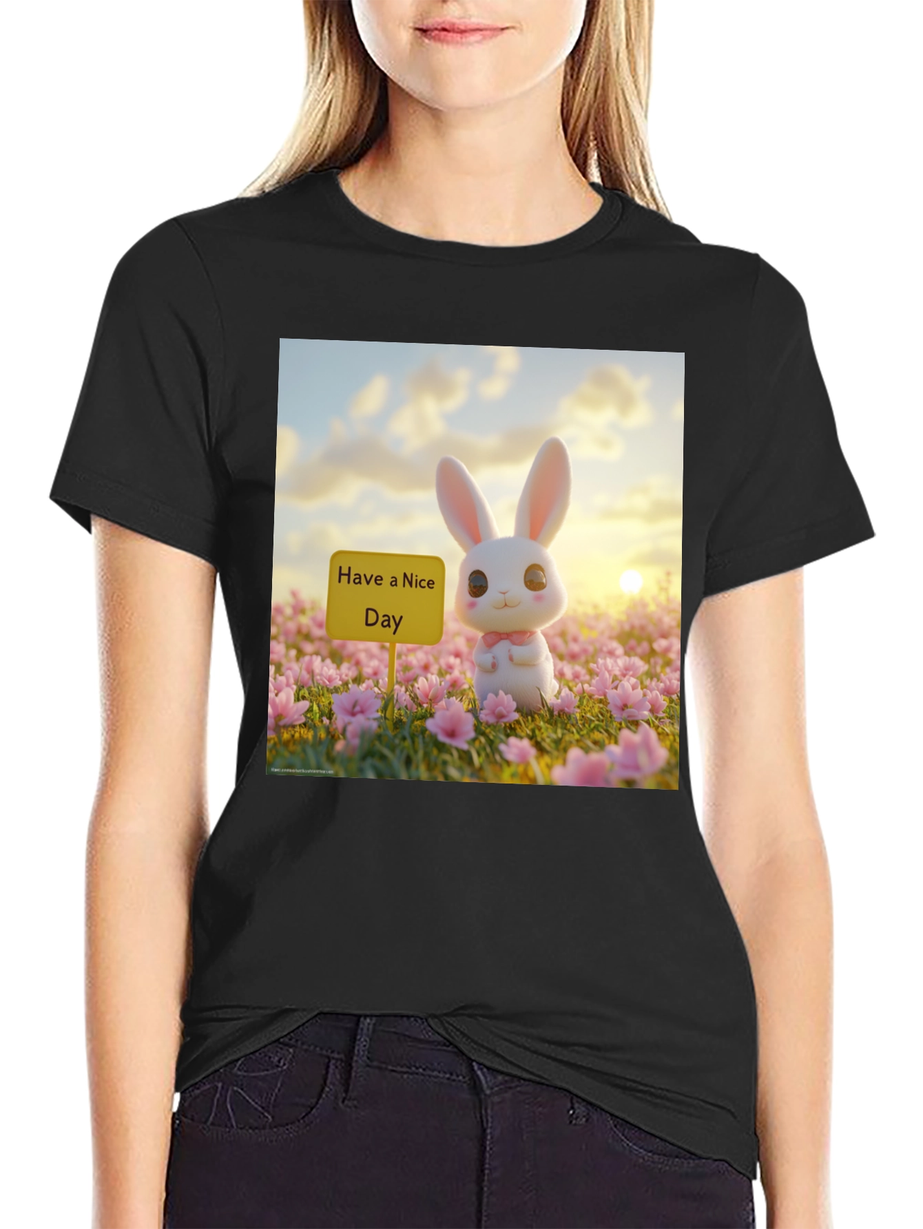 Black Cute Bunny 'Have a Nice Day' Graphic Tee view 2