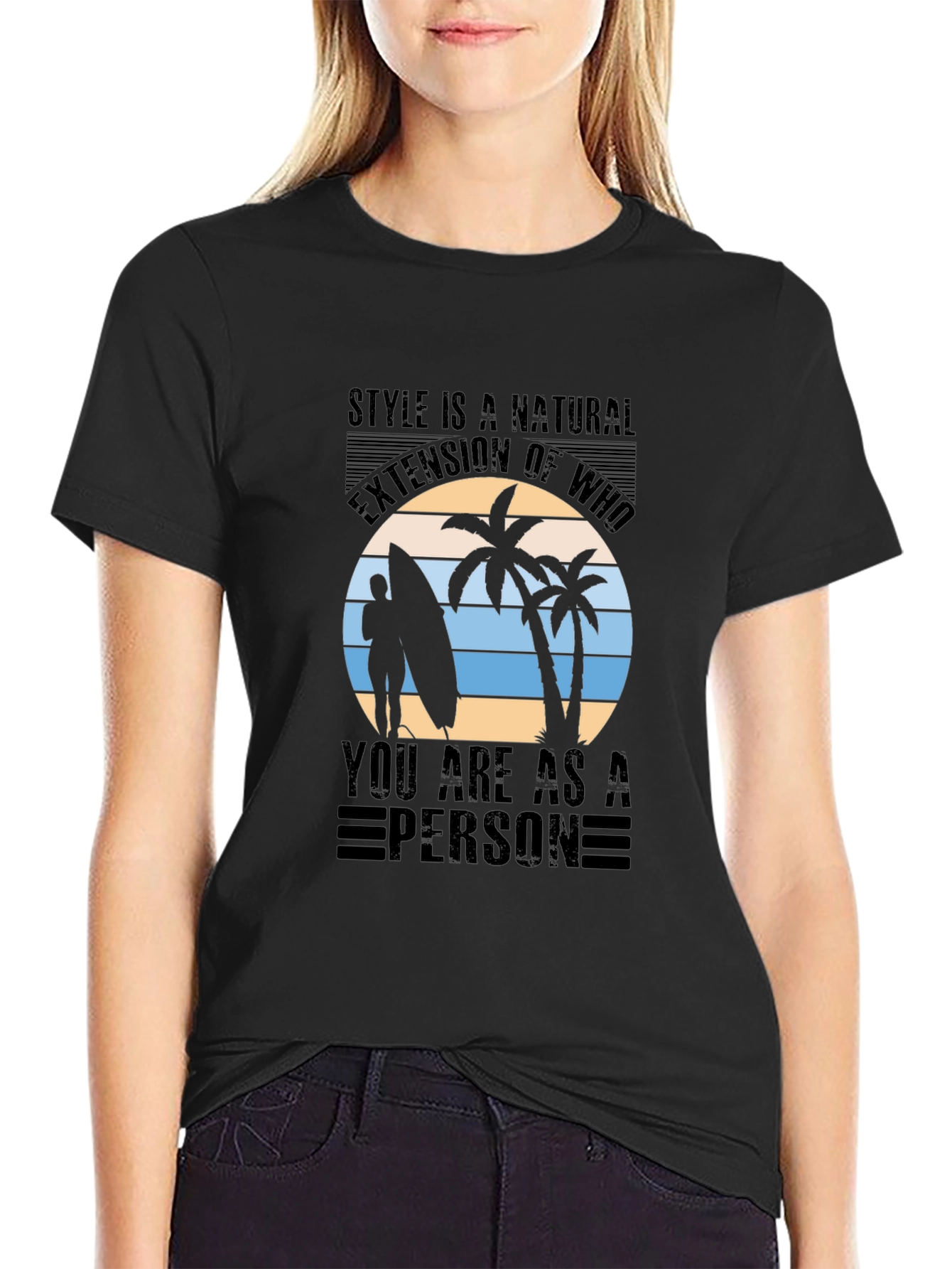 Black Stylish Black T-Shirt with Tropical Beach Graphic view 2