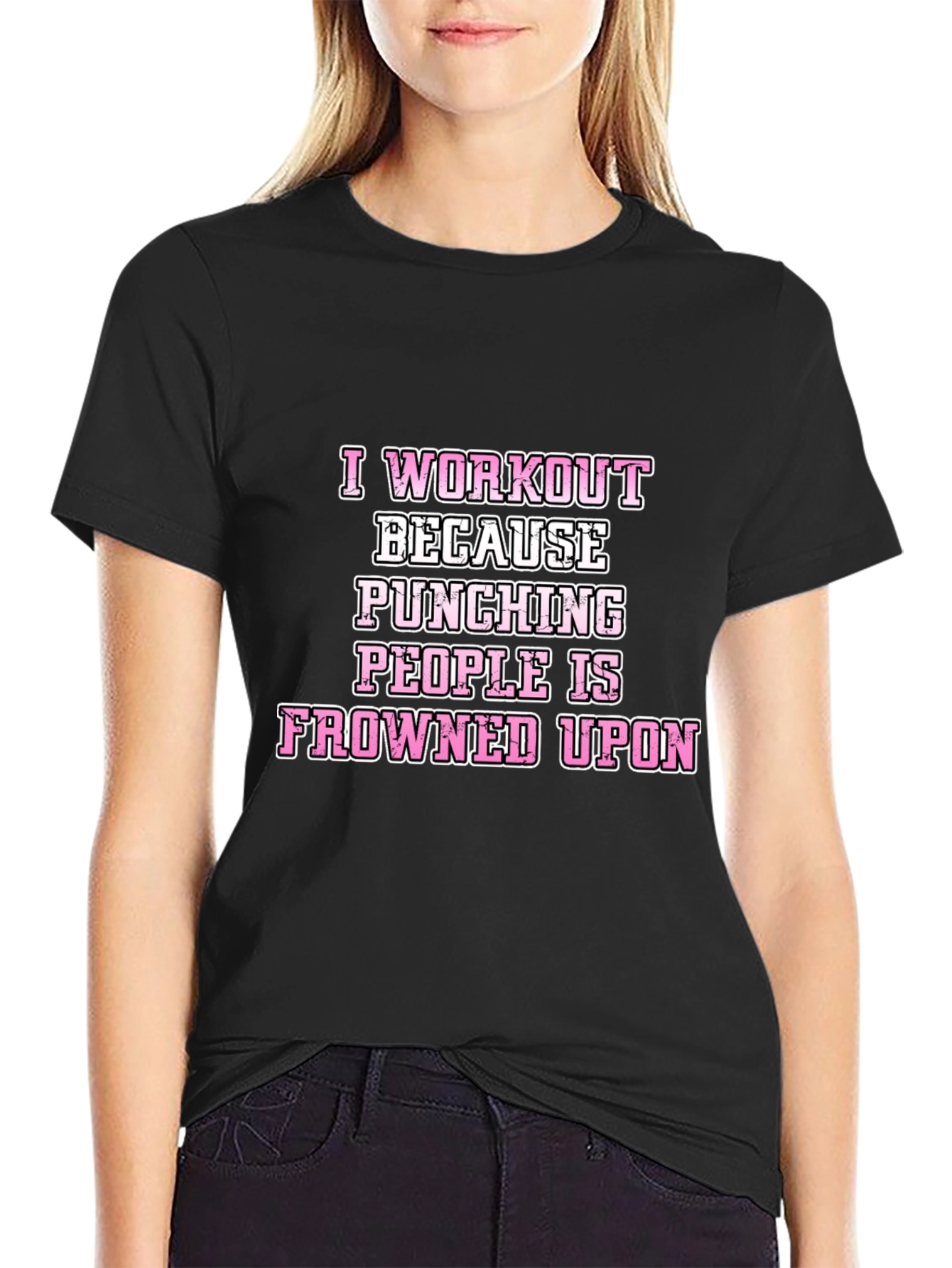 Black Workout Humor T-Shirt: Punching People Frowned Upon view 2