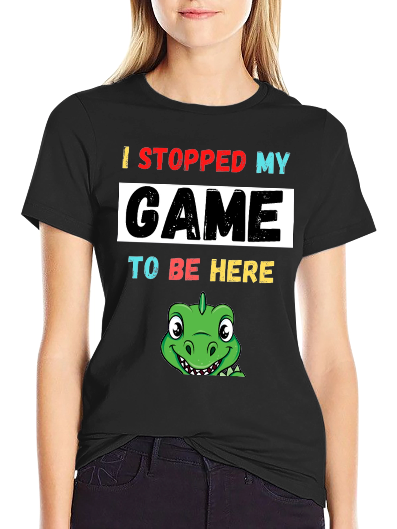 Black Gamer Dino T-Shirt: Stopped My Game To Be Here view 2