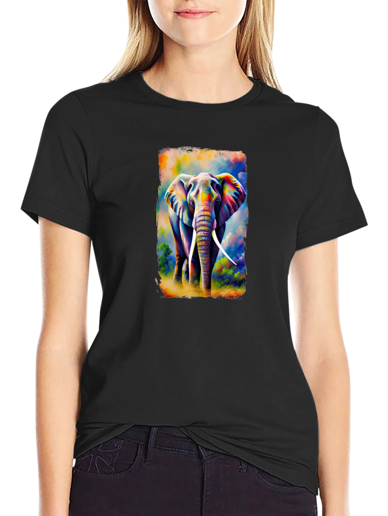 Black Colorful Elephant Graphic T-Shirt view 2