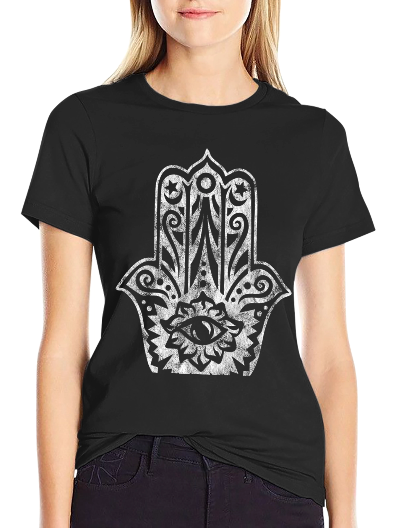 Black Hamsa Hand Graphic Tee - Black Cotton Blend view 2