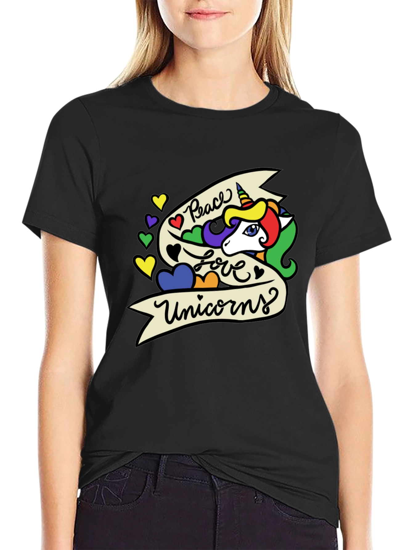 Peace Love Unicorns Graphic T-Shirt - Black - 2
