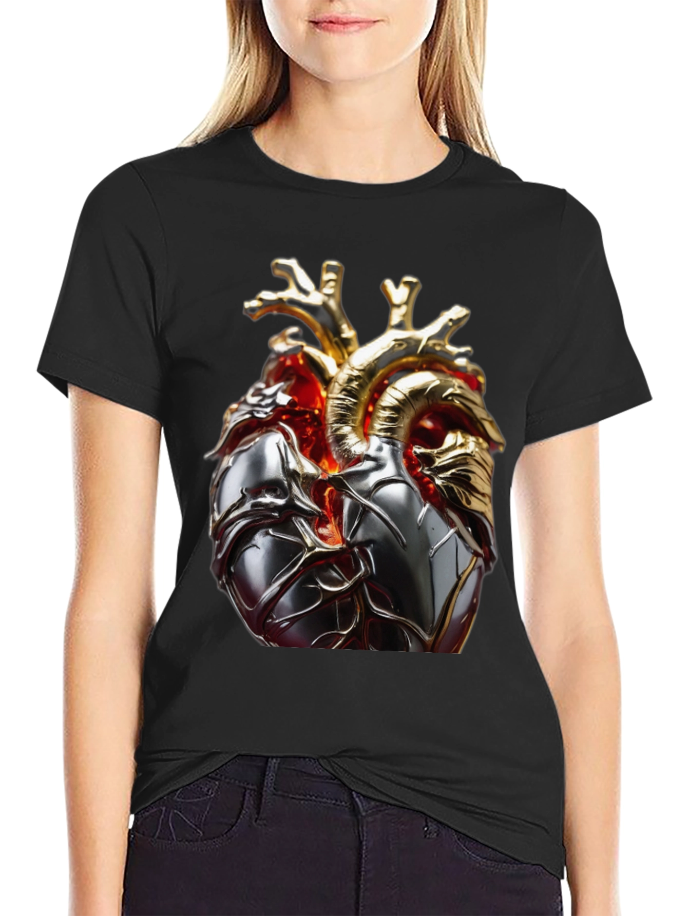 Black Metallic Heart Graphic T-Shirt view 2